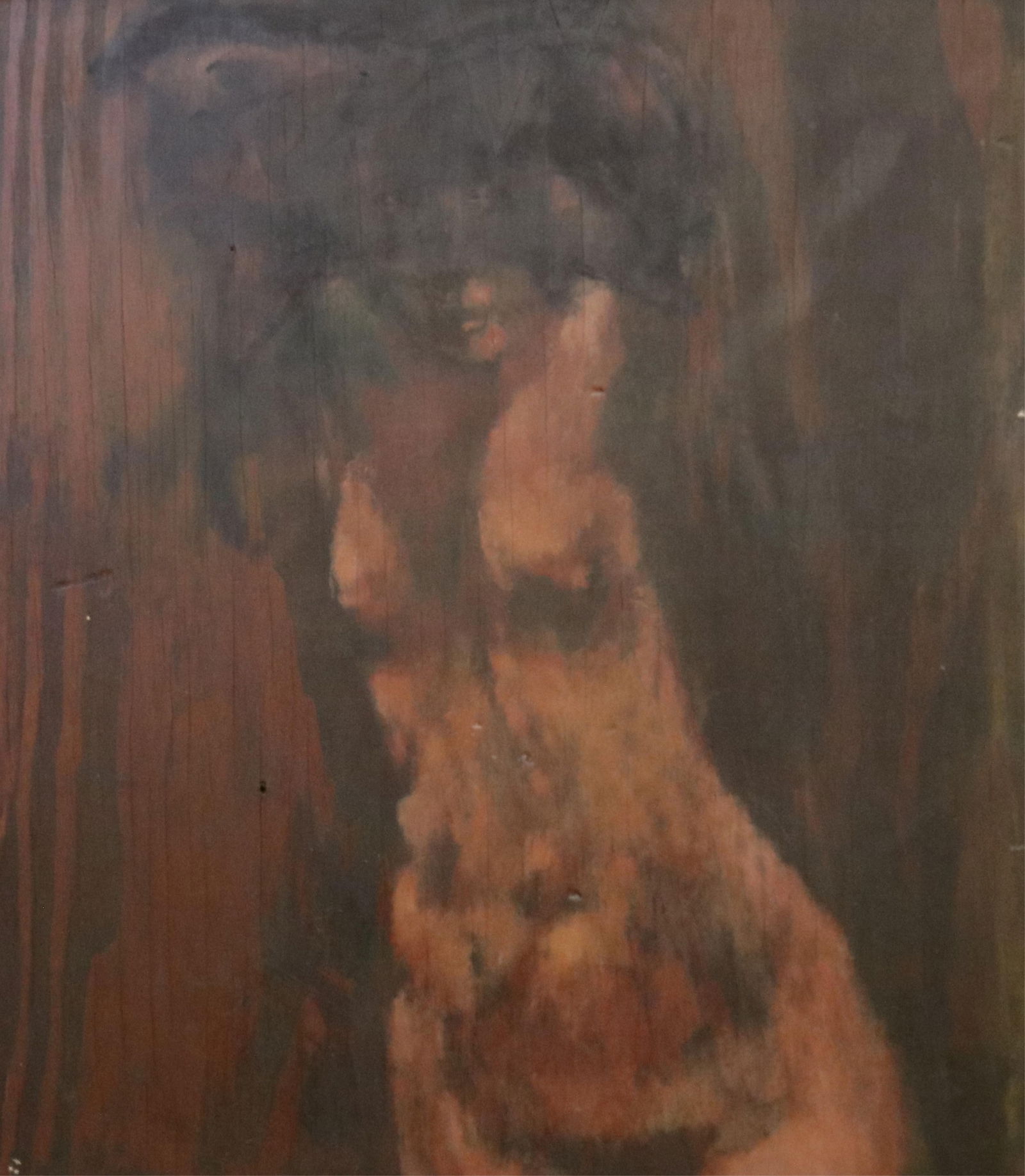 American School , Mid-Century, Female Nude, 11.5 x 10.5 inches; frame: 15 x 13 inches: AMERICAN SCHOOLMid-CenturyFemale NudeOil on panel figurative painting that depicts a partially obscured female nude rendered in a moody, expressionistic style. The composition focuses on the torso and