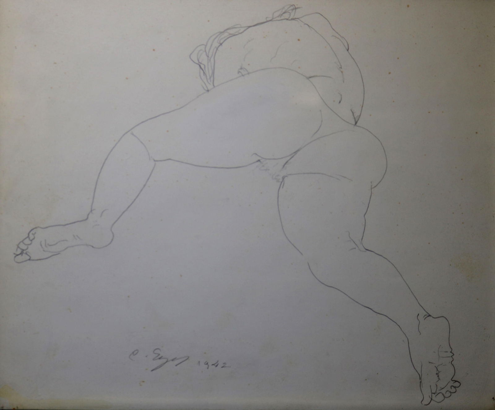 Continental School , 1942, Reclining Nude, 1942, 9.75 x 11.5 inches; frame: 11.5 x 13.5 inches: CONTINENTAL SCHOOL1942Reclining Nude, 1942Minimalist line drawing, executed in graphite or ink on a light-colored paper, and dated 1942. Indecipherable signature and dated 1942 lower right. Framed. No