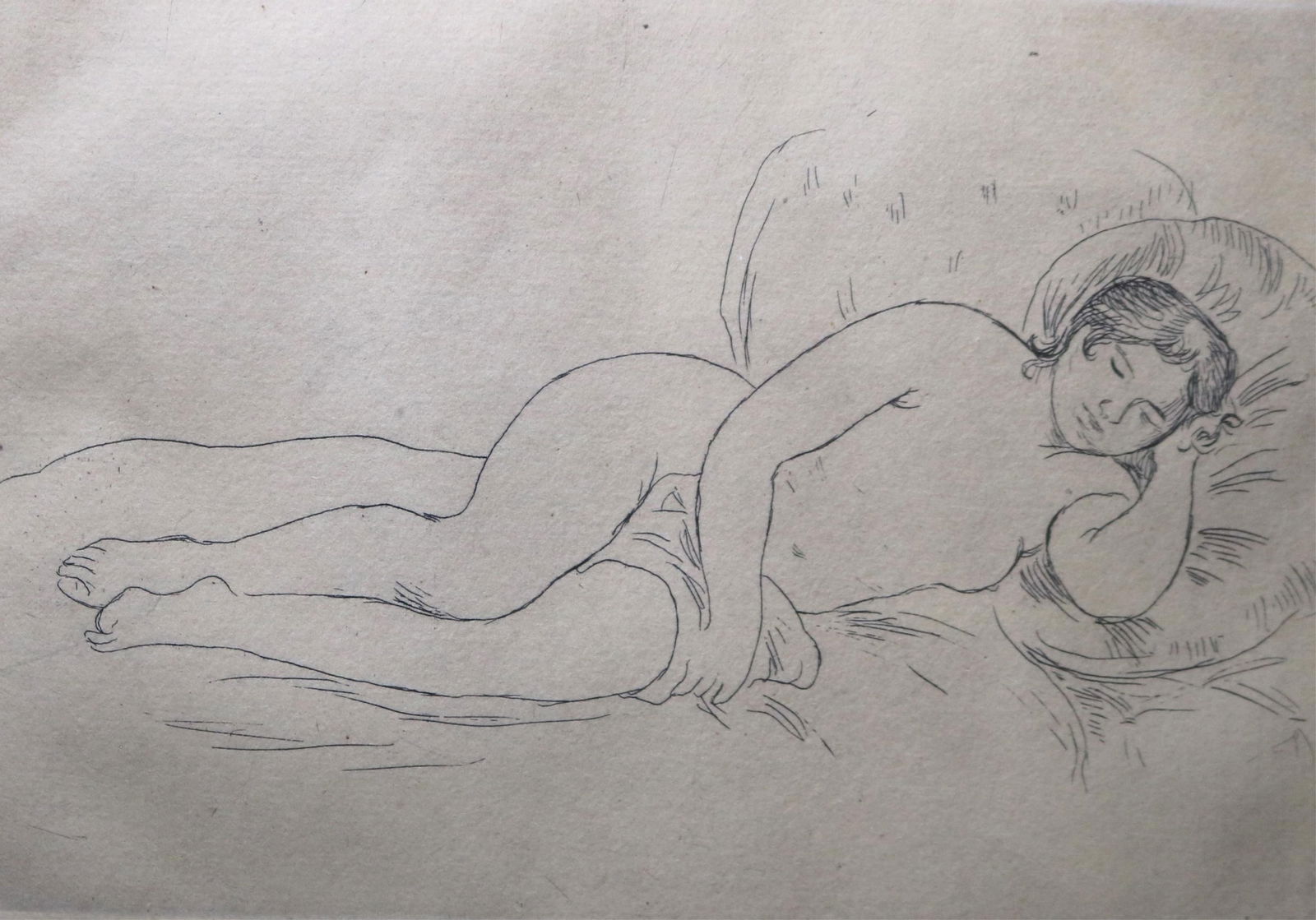 Pierre-Auguste Renoir, French 1841-1919, Femme nue couchée (Tournée à droite) (Nude Woman Lying: PIERRE-AUGUSTE RENOIRFrench, 1841-1919Femme nue couchée (Tournée à droite) (Nude Woman Lying Down, Turned to the Right)etchingEtching on paper and likely a later impression from the original plate.