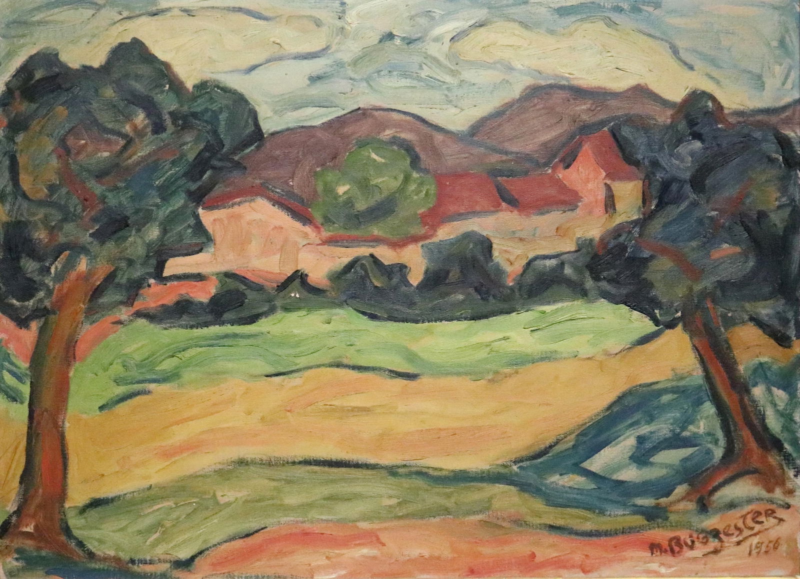 Maxim Bugzester, Polish 1910 -1978, Landscape with Red Roofed House, 1956, Oil on canvas., 22 x 30.5: MAXIM BUGZESTERPolish, 1910 -1978Landscape with Red Roofed House, 1956Oil on canvas.Oil on canvas. Signed and dated lower right. Framed.22 x 30.5 inches; frame: 29 x 37.5 inches ARTIST P