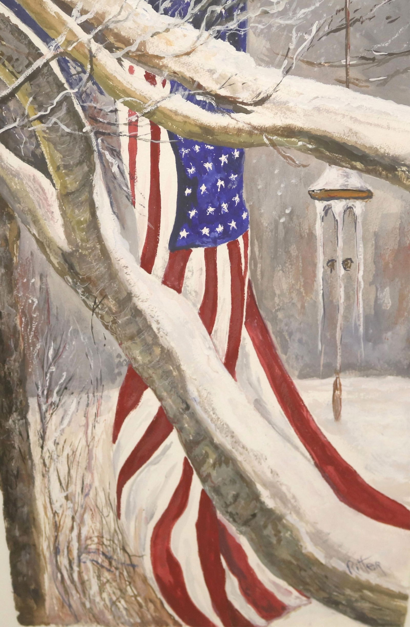 American School , 20th Century, American Flag and Wind Chime in Winter, Mixed media on paper, (1 of 12)