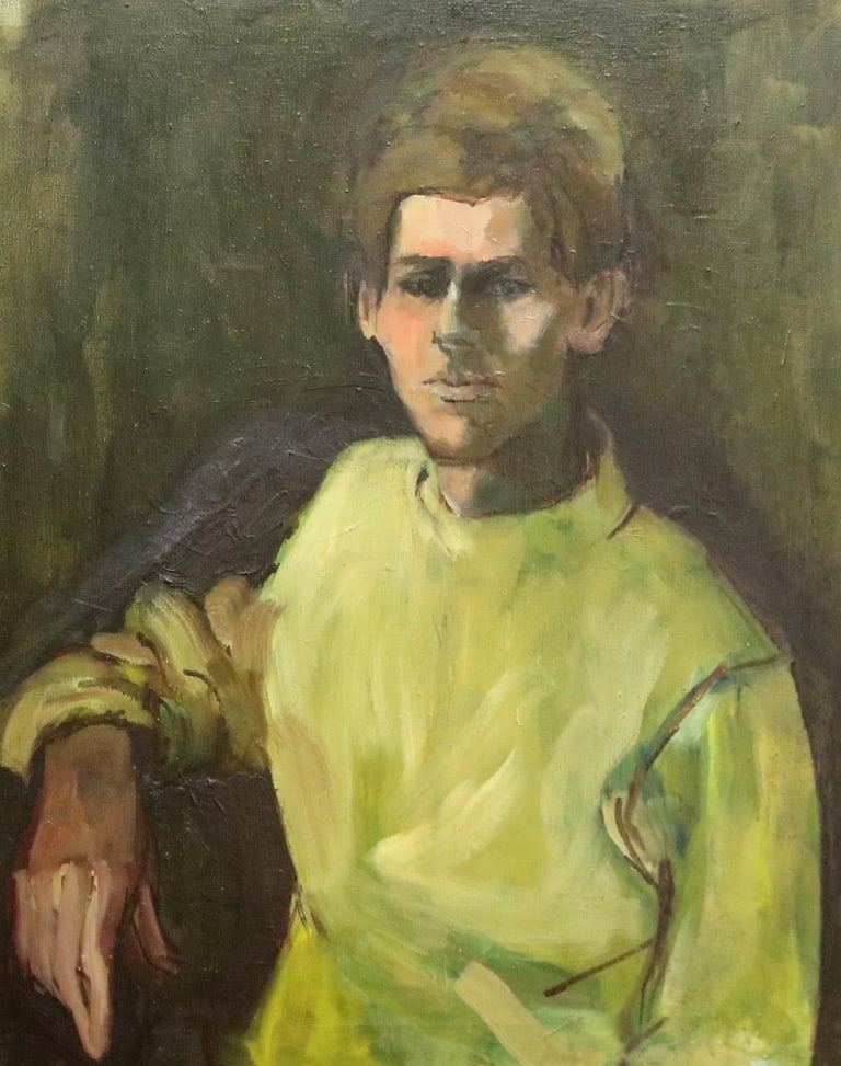 AMERICAN SCHOOL (20th century). Potrait of a young man in a yellow pullover, Oil on canvas.: AMERICAN SCHOOL (20th century). Potrait of a young man in a yellow pullover, Oil on canvas. Unsigned. Framed. - 28 x 21 inches; frame: 35 x 29 inches
