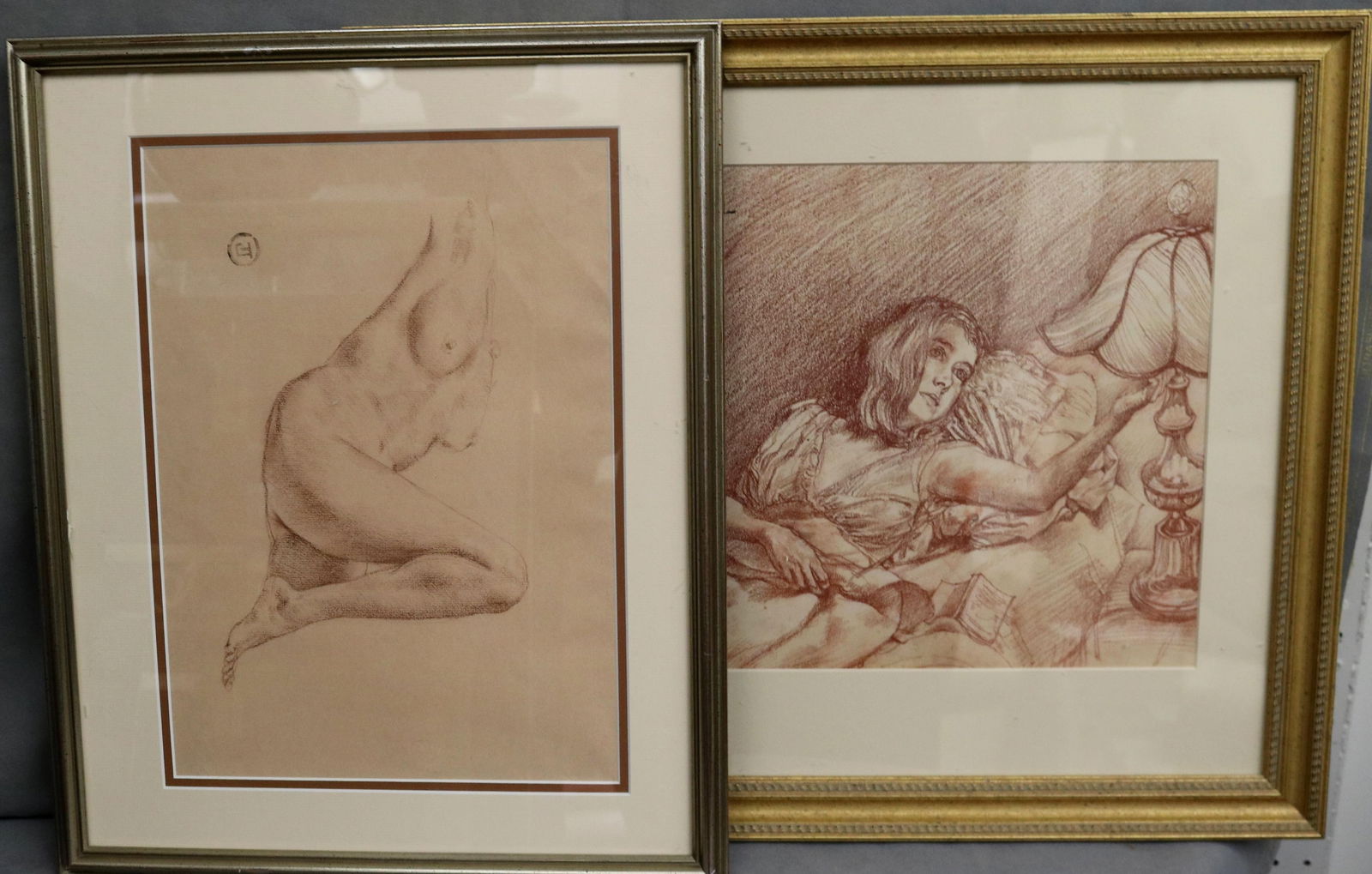 Ted Seth Jacobs, American 1927-2019, Two works: “Reverence?? and “Hope?? (Bedside Lamp),: TED SETH JACOBSAmerican, 1927-2019Two works: “Reverence” and “Hope” (Bedside Lamp)Two sepia drawings. Two framed drawings of intimate studies done in warm, reddish-brown tones. The one
