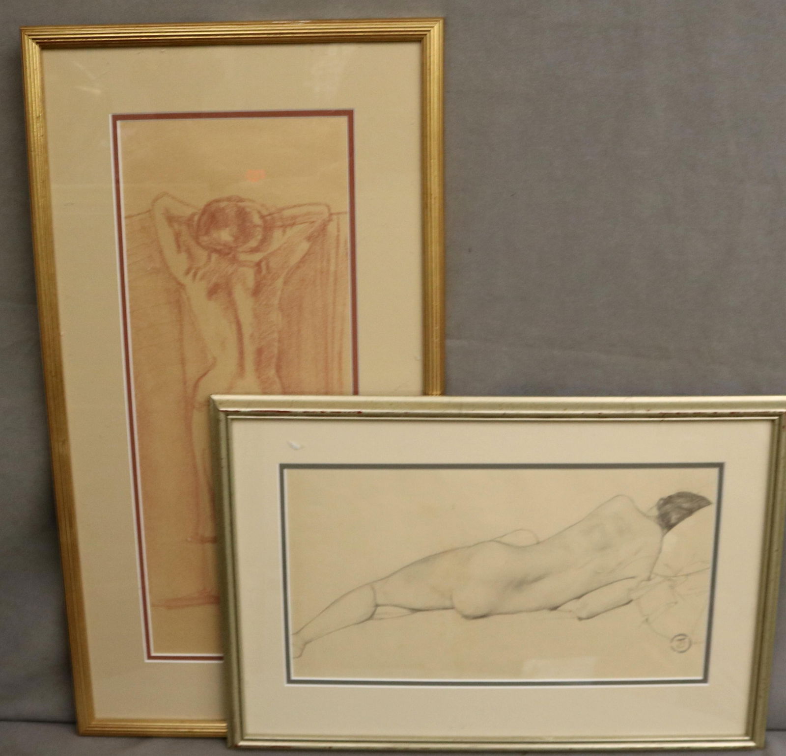 Ted Seth Jacobs, American 1927-2019, Two works: “The Dressing Room?? and “Serenity??, “The: TED SETH JACOBSAmerican, 1927-2019Two works: “The Dressing Room” and “Serenity”Two sepia drawings. Two framed drawings each focusing on the human form in a relaxed, unguarded moment. T