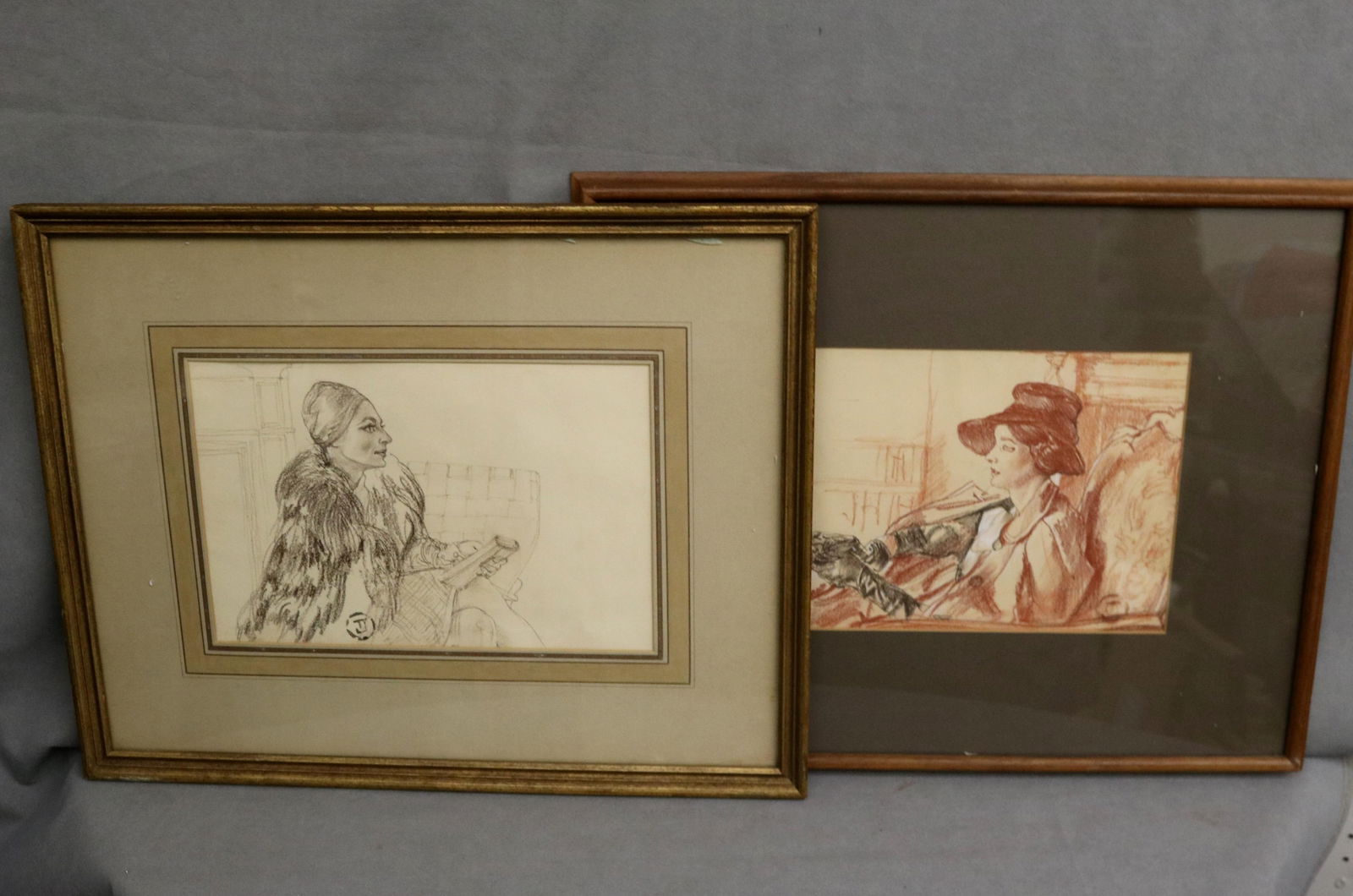 Ted Seth Jacobs, American 1927-2019, Two Works: “Viveca Lindfors, Actress, 1920-1995?? and “The: TED SETH JACOBSAmerican, 1927-2019Two Works: “Viveca Lindfors, Actress, 1920-1995” and “The Black Gloves”Two sepia drawings. Two framed drawings depicting elegantly dressed women in in