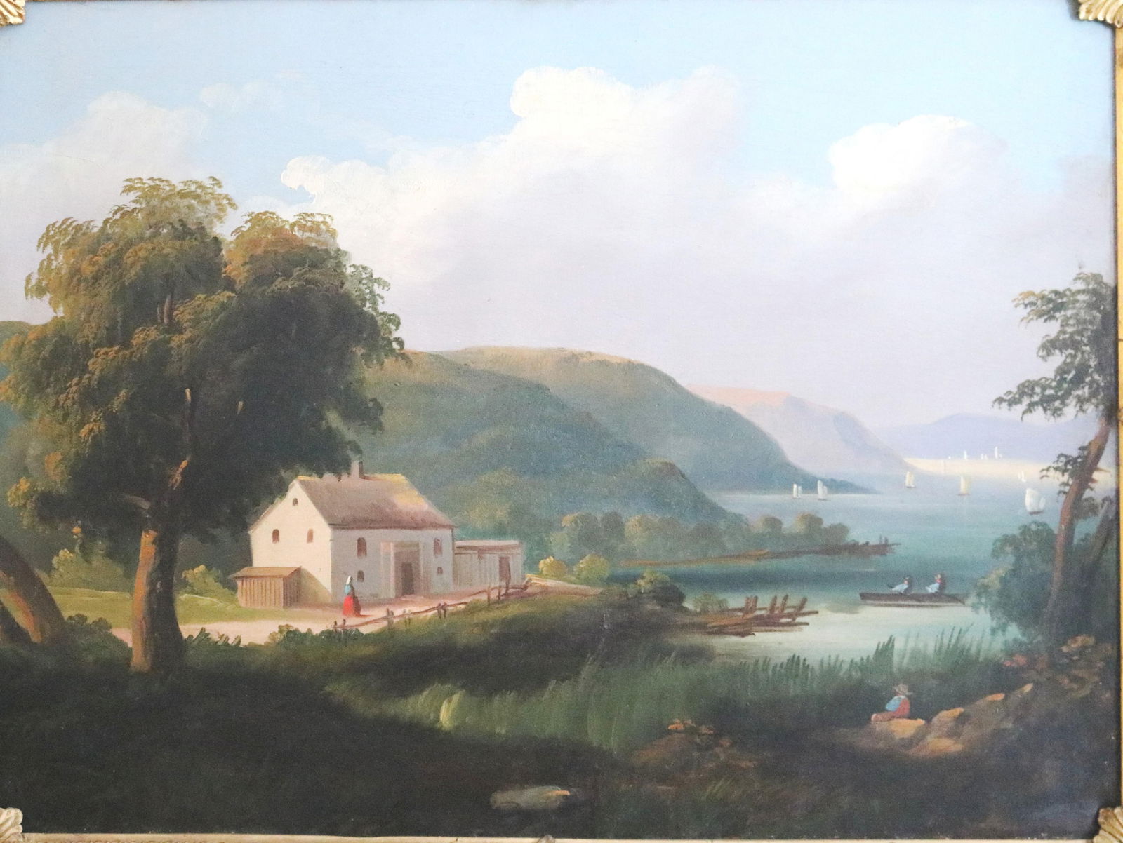 American School , Hudson River School painting Mid-19th century, Small, white farmhouse nestled at (1 of 14)