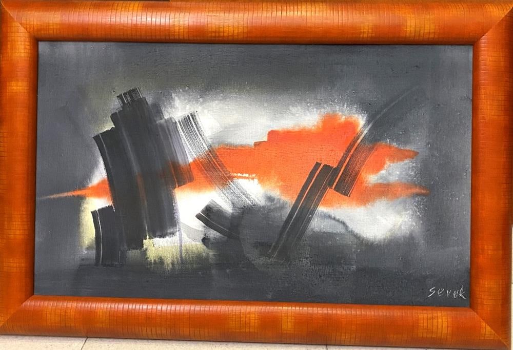 SEVEK (Austrian, 1918 - 1994). Intense dark grays/blacks bursts in an intense, glowing orange/red: SEVEK (Austrian, 1918 - 1994). Intense dark grays/blacks bursts in an intense, glowing orange/red background, 1988, Oil on canvas abstract expressionist painting characterized by a dynamic, high-contr