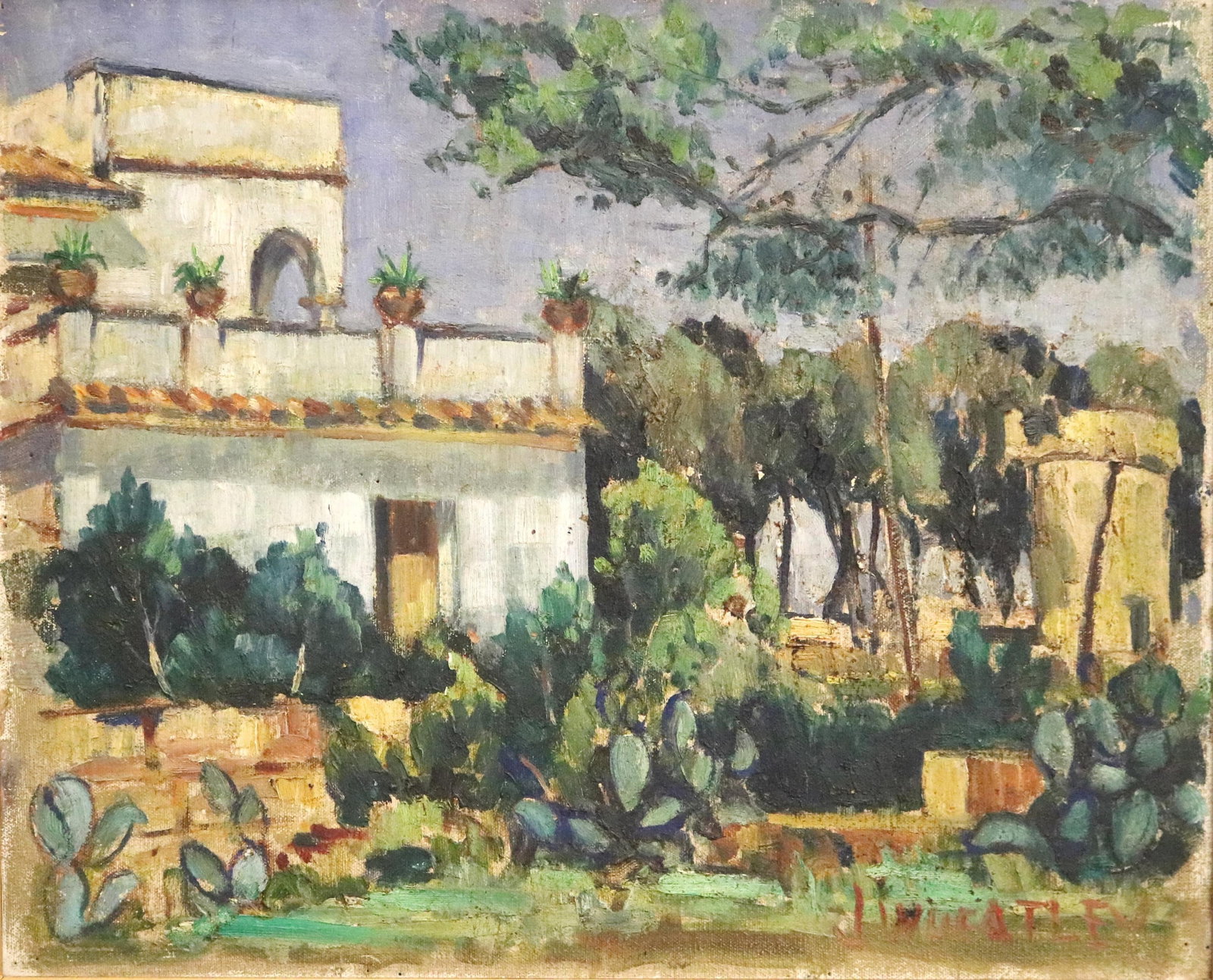 British School , 20th Century, Mediterranean Landscape with Cactuses, Oil on board, Artwork: 18 x 21: BRITISH SCHOOL20th CenturyMediterranean Landscape with CactusesOil on boardSigned "J. WHEATLEY" lower right. Framed.Artwork: 18 x 21 inches (excluding frame)