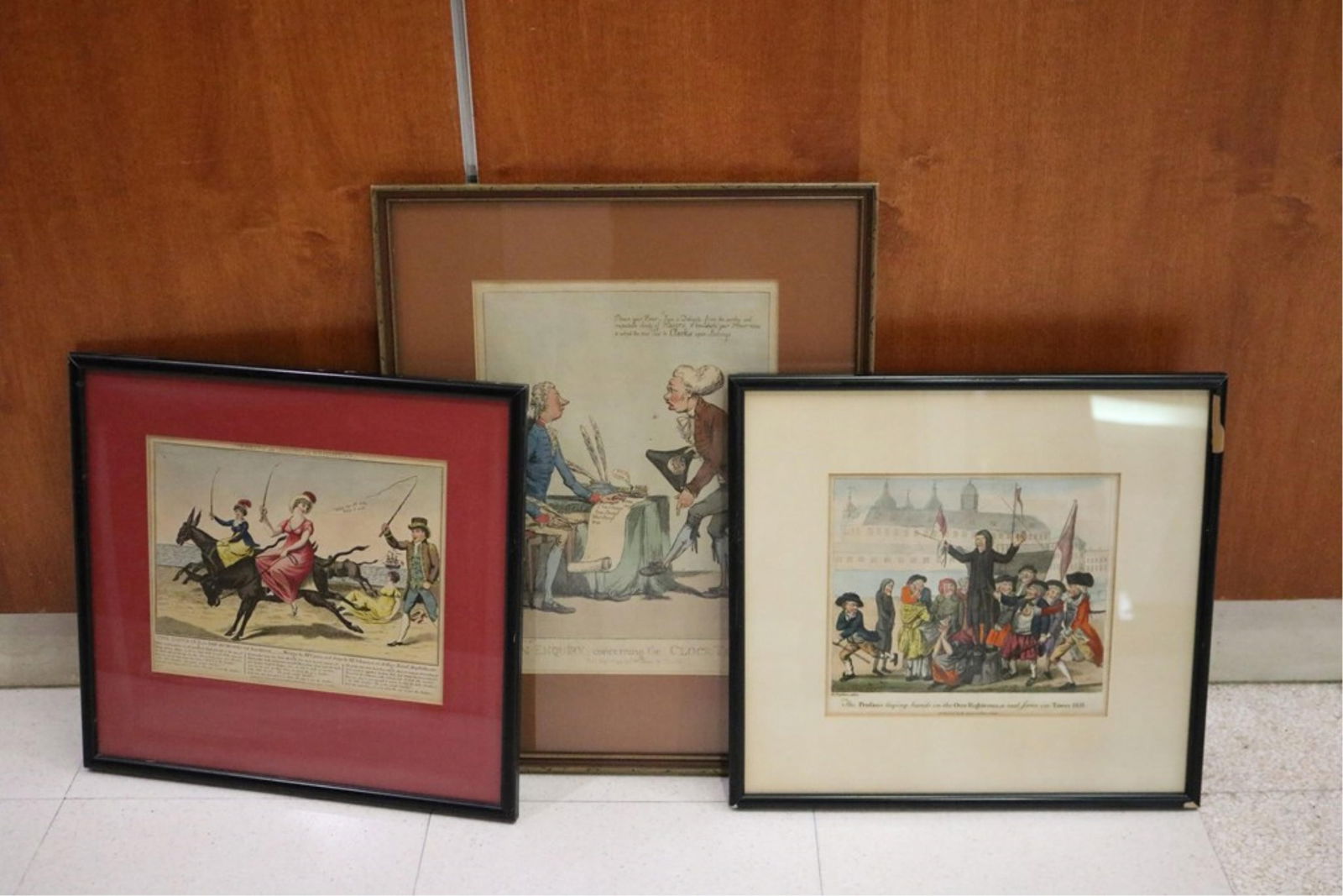 Three framed British satirical colored engravings designed to mock contemporary politics, social (1 of 19)