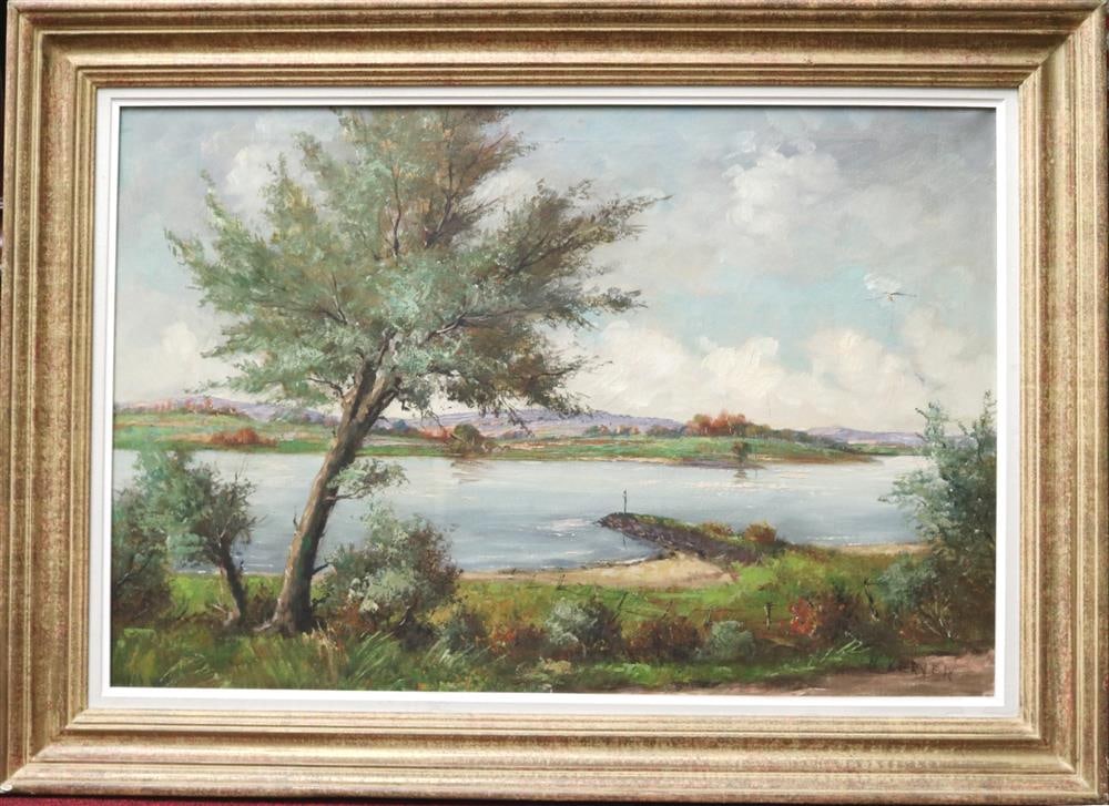 HANS KERVER (Dutch, 20th century). TREES ON RIVERBANK, Oil on canvas. Signed lower right corner. (1 of 12)
