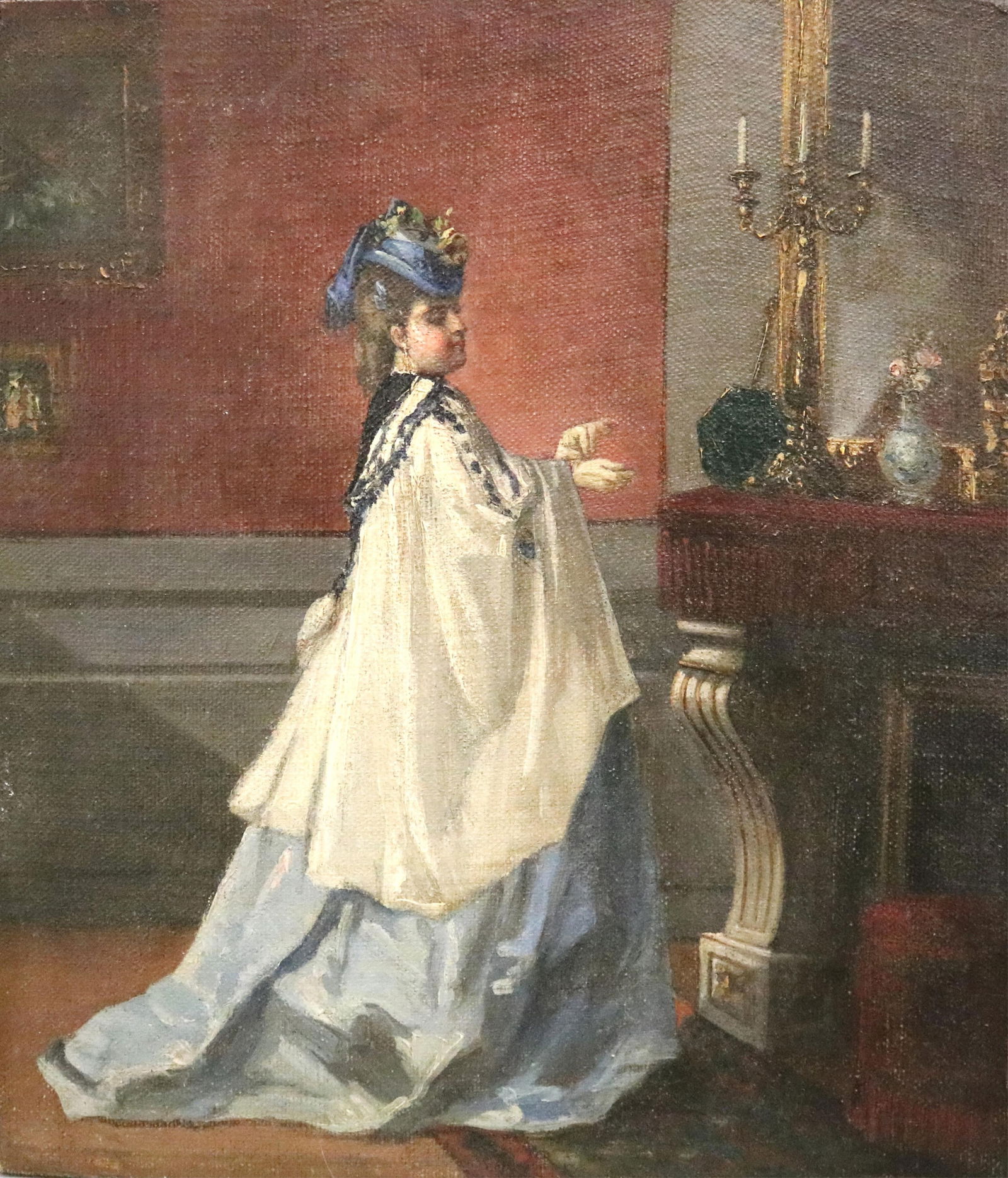 English School , 19th century, Woman in Elegant Victorian Attire, Oil canvas laid down to board,: ENGLISH SCHOOL19th centuryWoman in Elegant Victorian AttireOil canvas laid down to board19th-century interior genre scene depicting a woman in an elegant Victorian attire. She is dressed in a pale-blu