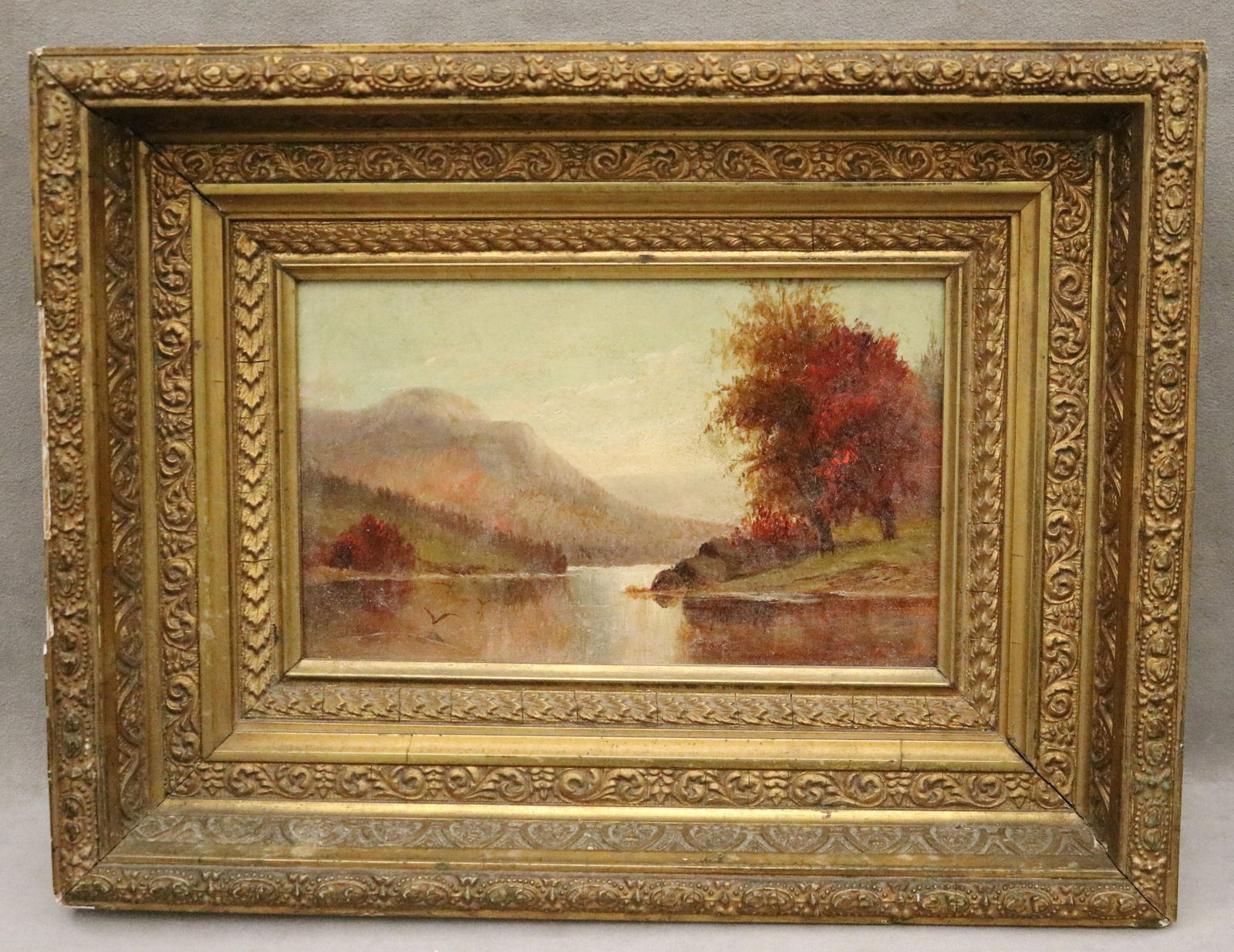 English School , 19th century, Autumn Reflection on the Lake, Oil on canvas., 6 x 9.5 inches; frame: (1 of 17)