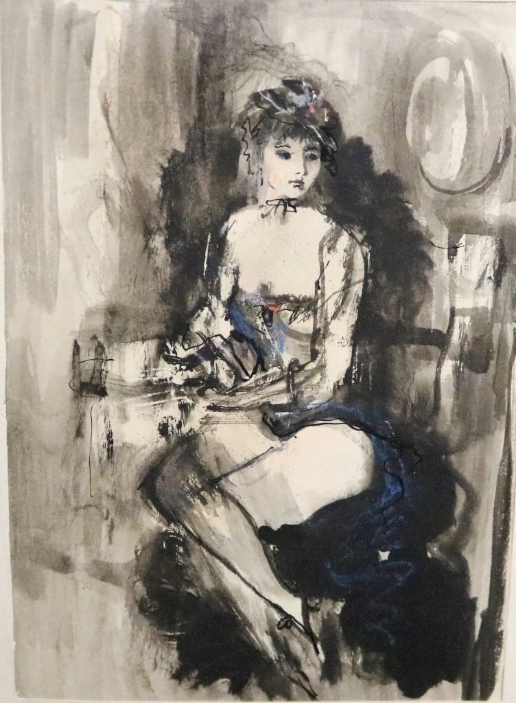 FRENCH SCHOOL (20th century). Seated Dancer, Watercolor and Gouache on paper. Unsigned. Framed. Not: FRENCH SCHOOL (20th century). Seated Dancer, Watercolor and Gouache on paper. Unsigned. Framed. Not examined out of frame. - frame: 9 x 11 inches
