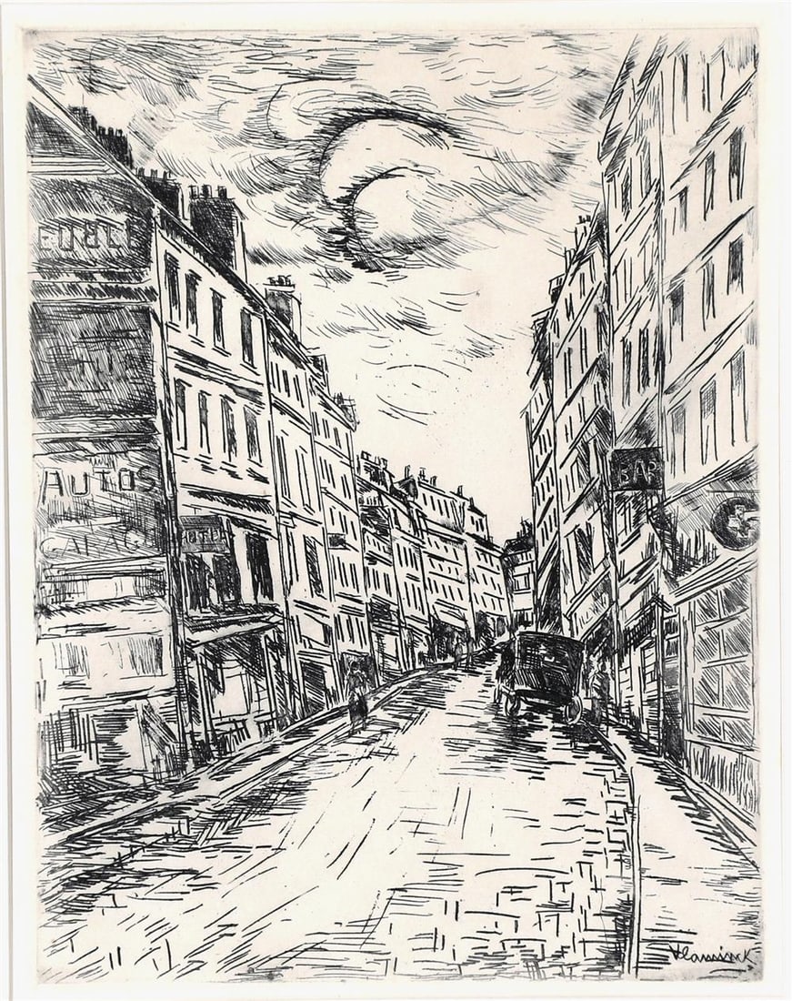 MAURICE DE VLAMINCK. Rue de la Glaciere, circa 1937, Etching. Plate signed. Framed. Not examined out (1 of 8)
