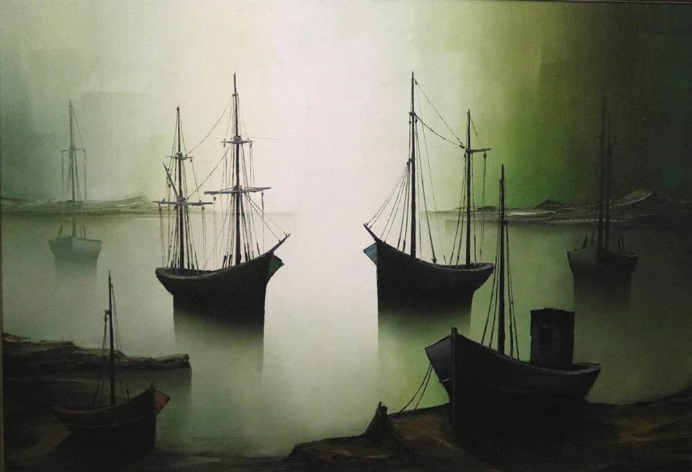 GILBERT BRIA (French, born 1933). Anchored Boats, Oil on canvas. showcasing several boats, some (1 of 17)