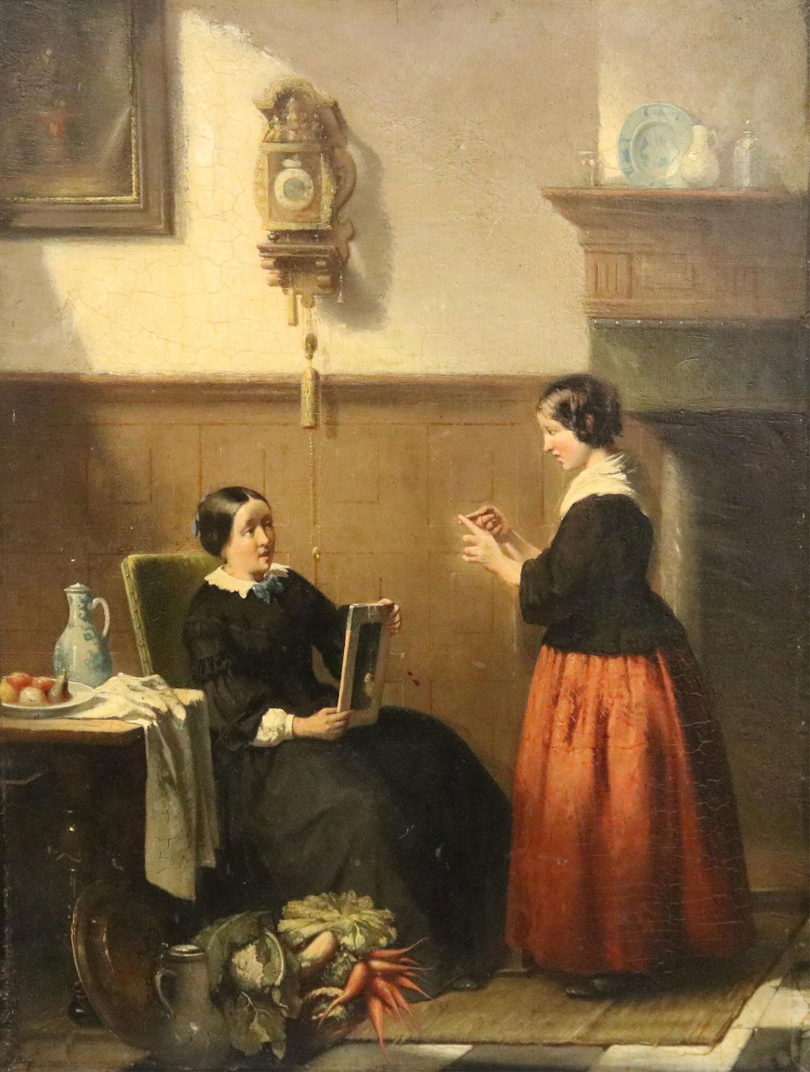 Otto Leitz, Germany 19th century, The Domestic Lesson, Oil on board., (approx.) 20.5 x 15.5 inches: OTTO LEITZGermany, 19th centuryThe Domestic LessonOil on board.Signed lower left corner. Interior composition that captures a quiet, domestic moment between two women. A seated woman, dressed in a for