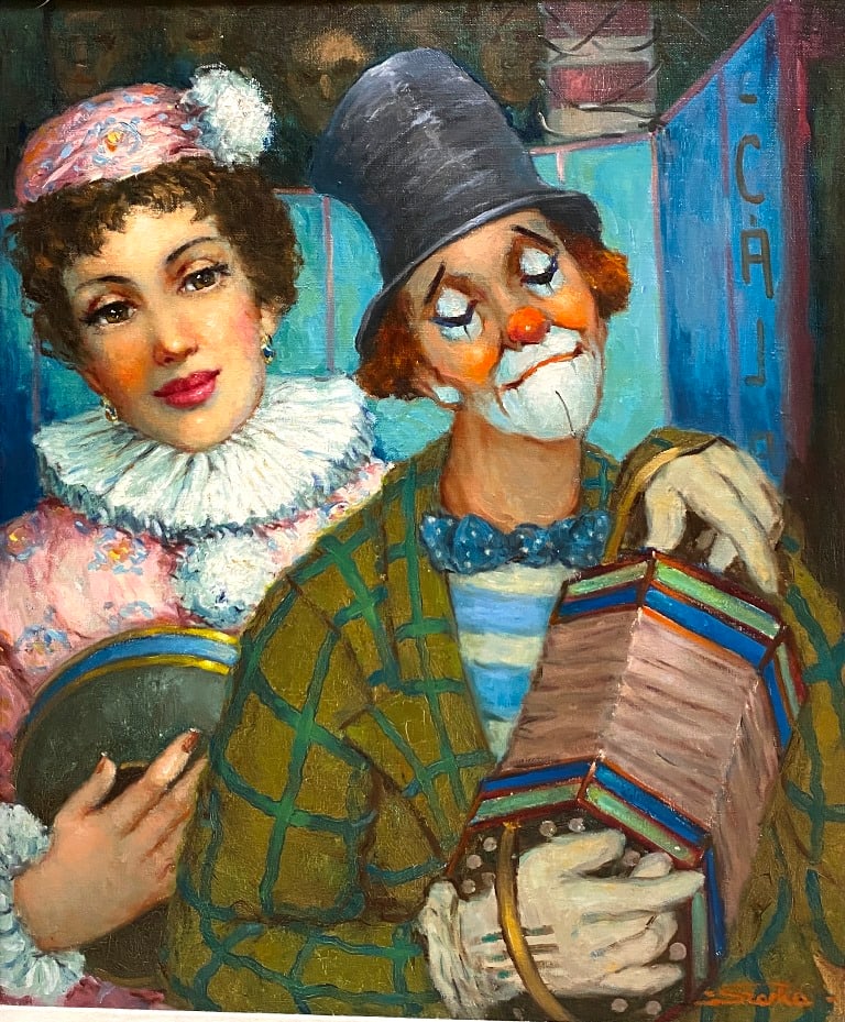 HAJNACKA SZARKA (Hungarian, 20th century). Male and Female Circus Clowns, Signed lower right. Oil on (1 of 14)