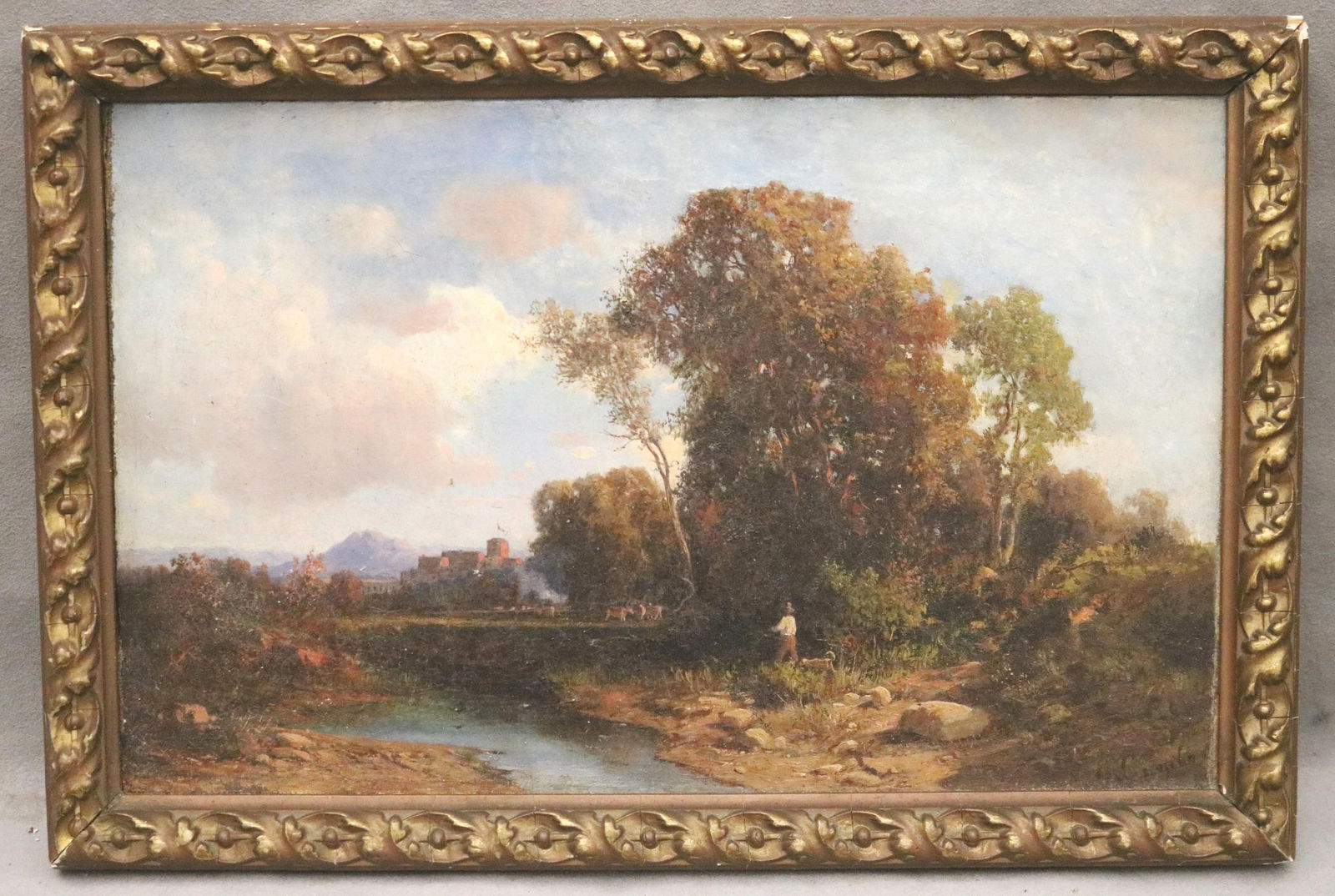 Ettore Cumbo, Italian 1833-1899, Pastoral Stream with Distant Castle, Oil on canvas, Artwork: 9.5 x (1 of 12)