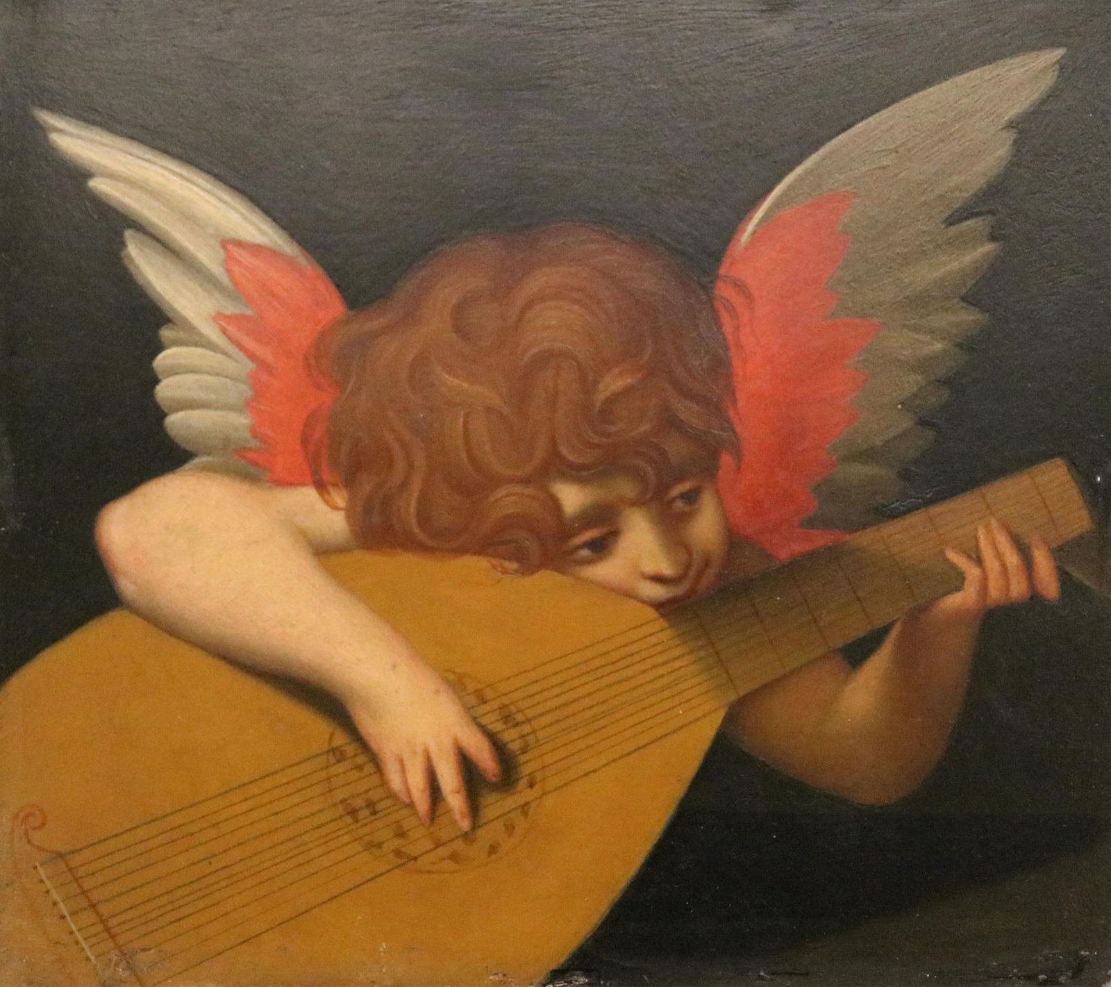 Italian School , 18th / 19th century, Cherub Playing a Lute, Oil on board, 7 x 8 inches: ITALIAN SCHOOL18th / 19th centuryCherub Playing a LuteOil on boardArtwork after the oil on panel painting by Rosso Fiorentino and dated 1521. Unframed.7 x 8 inches