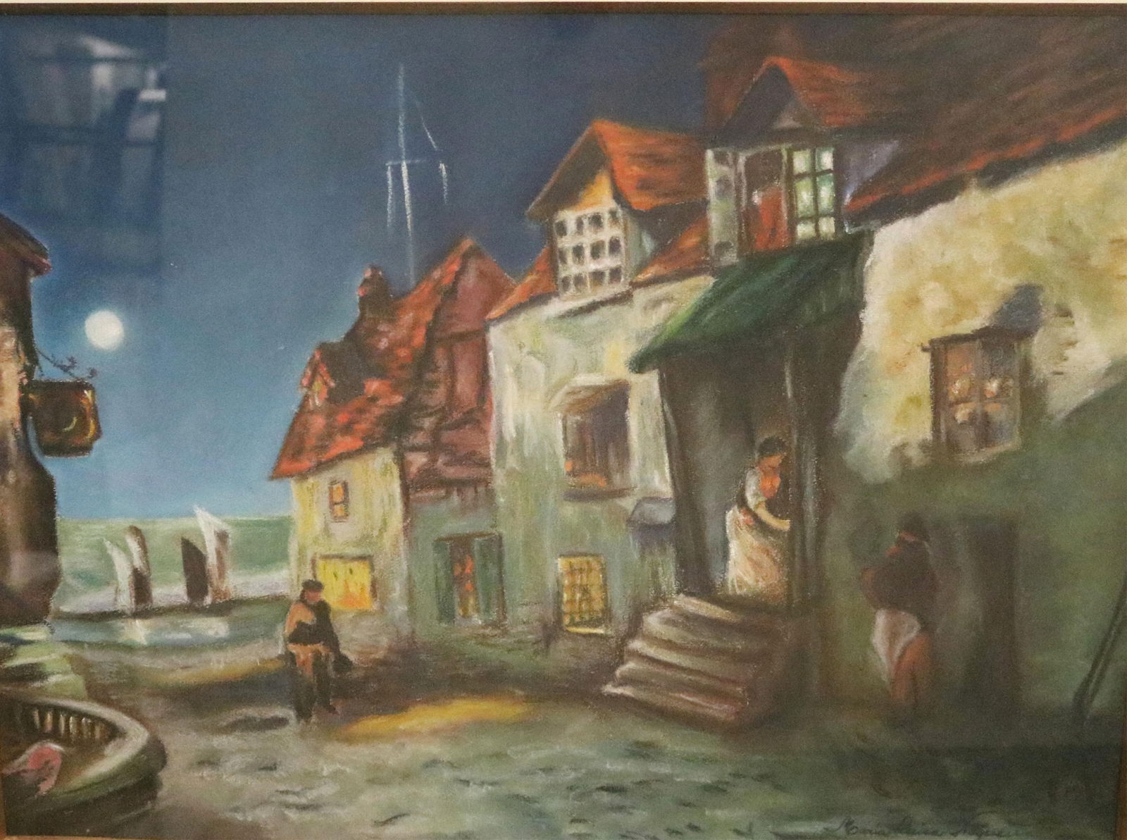 Portuguese School , 20th century, Moonlight over the Harbor Village, 1950, Pastel, Artwork (as (1 of 11)