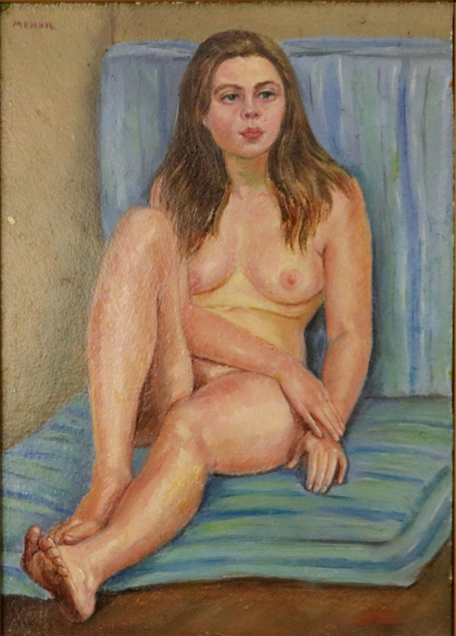 Florence Mennie, American 20th century, Nude on Blue Stripes, Oil on board., 7 x 5 inches; frame:: FLORENCE MENNIEAmerican, 20th centuryNude on Blue StripesOil on board.Signed upper left hand corner. Framed.7 x 5 inches; frame: 12.5 x 10.5 inches