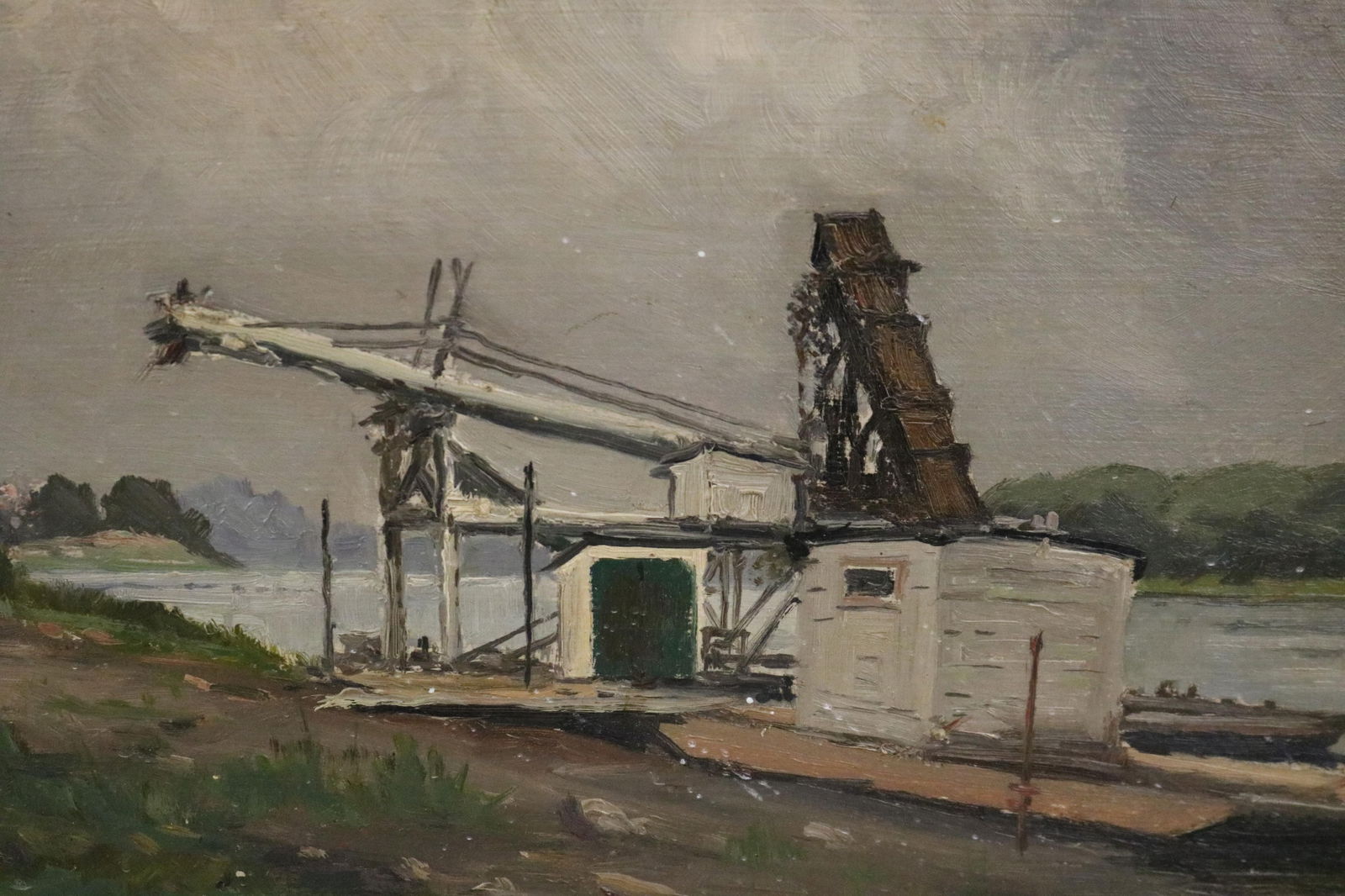 Ira J. Deen, American 1874–1952, Coal Dredge on the Susquehanna, 12 x 15 inches; frame: 13 x 16: IRA J. DEENAmerican, 1874–1952Coal Dredge on the SusquehannaOil on board. Signed lower right. Framed.12 x 15 inches; frame: 13 x 16 inches ARTSIT PROFILE: Ira J. Deen (1874–1952) was a noted