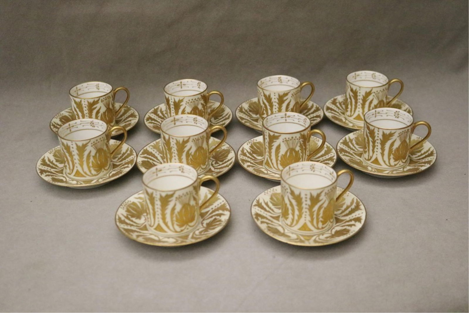 SET TWELVE WEDGWOOD "GOLD FLORENTINE" PATTERN BONE CHINA DEMITASSE CUPS AND SAUCERS - . (1 of 7)