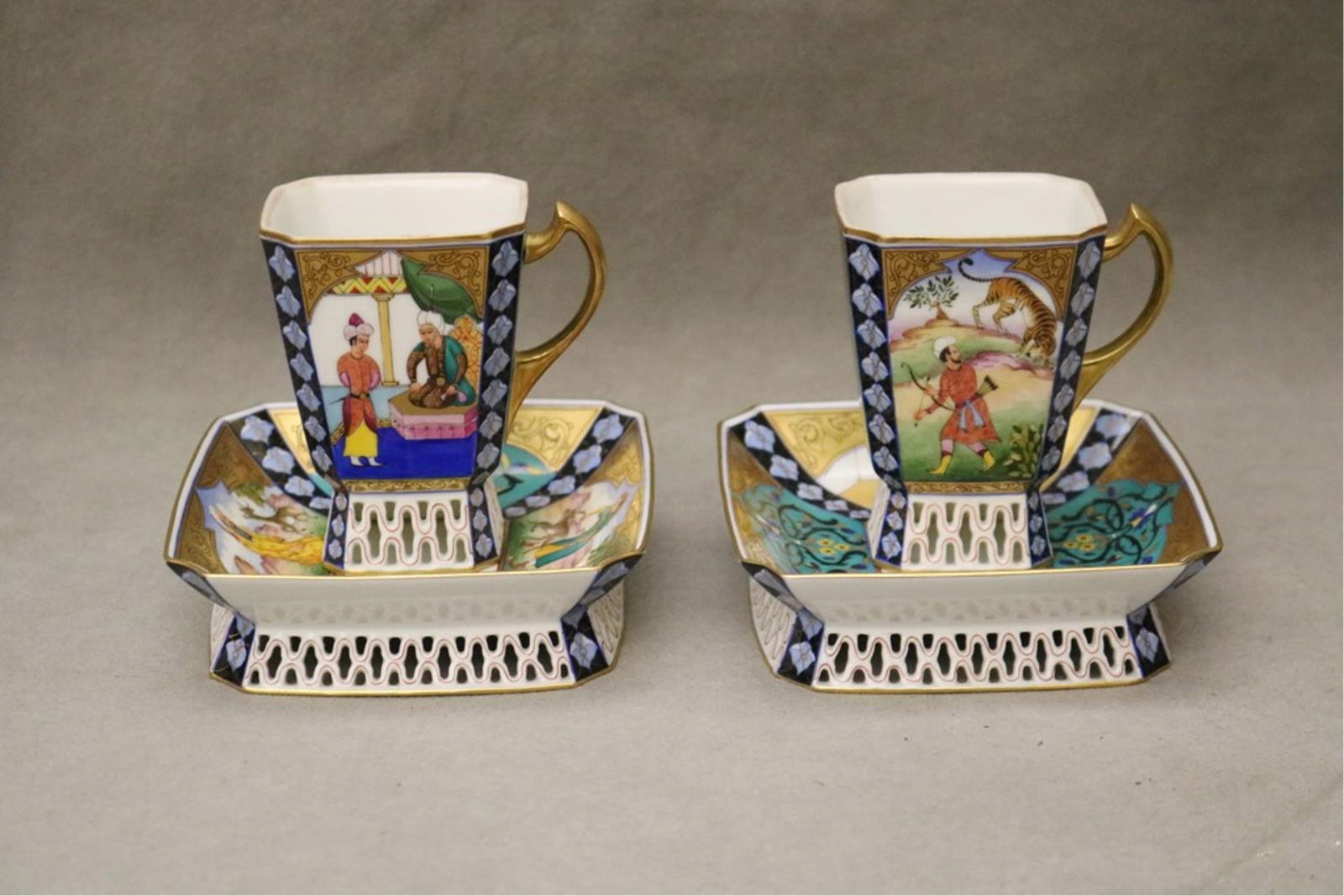 PAIR RARE HEREND "MINIATURES PERSANES" CUPS AND SAUCERS DESIGNED BY JOZSEF CSISZAR circa 1980 - H, (1 of 8)