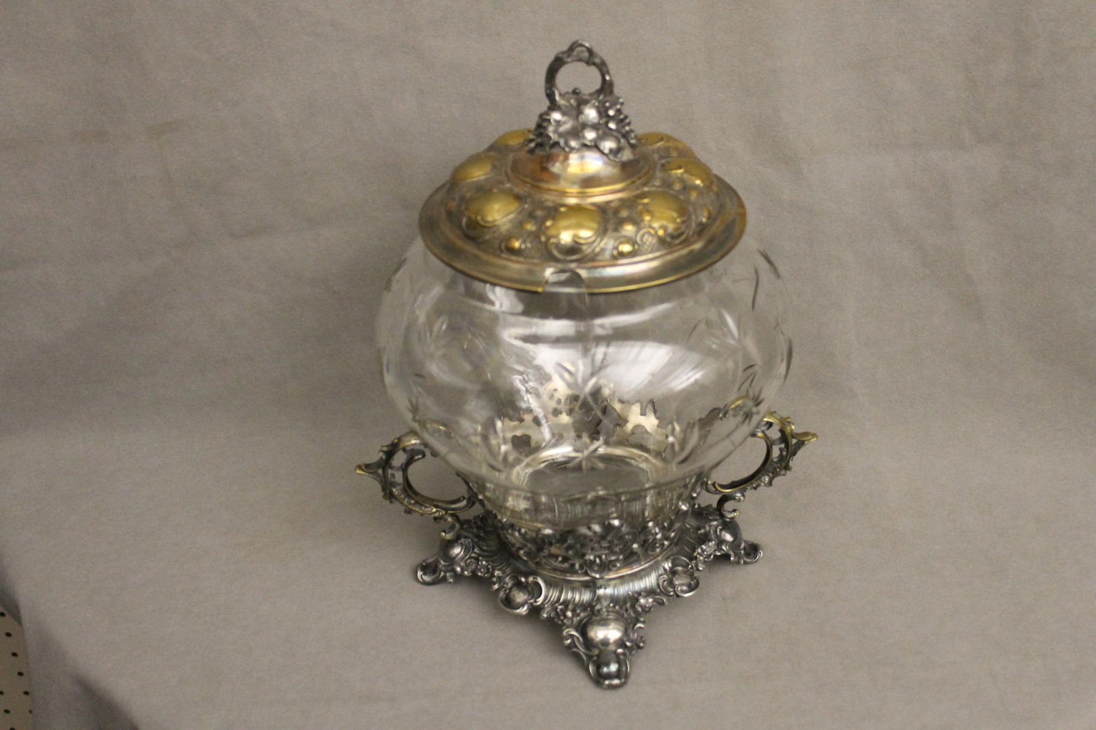 RUSSIAN ETCHED COLORLESS GLASS GLOBULAR PUNCH BOWL WITH SILVER-PLATED LIFT-COVER AND STAND - H: 14 (1 of 10)