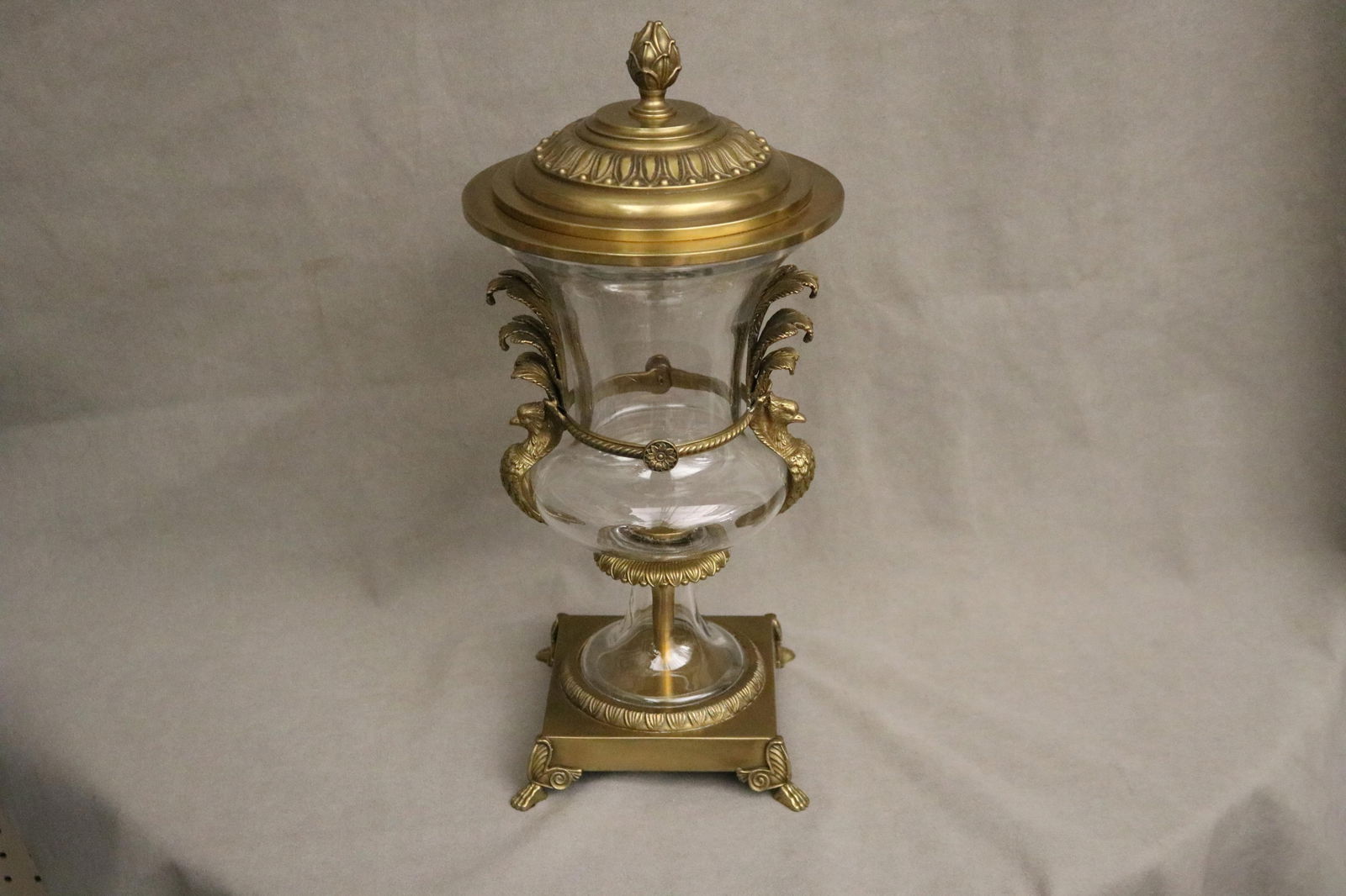 COLORLESS GLASS CAMPAGNA-FORM URN WITH BRASS LIFT-COVER, BASE, AND MOUNTS. - Height: 17 1/2".. (1 of 13)