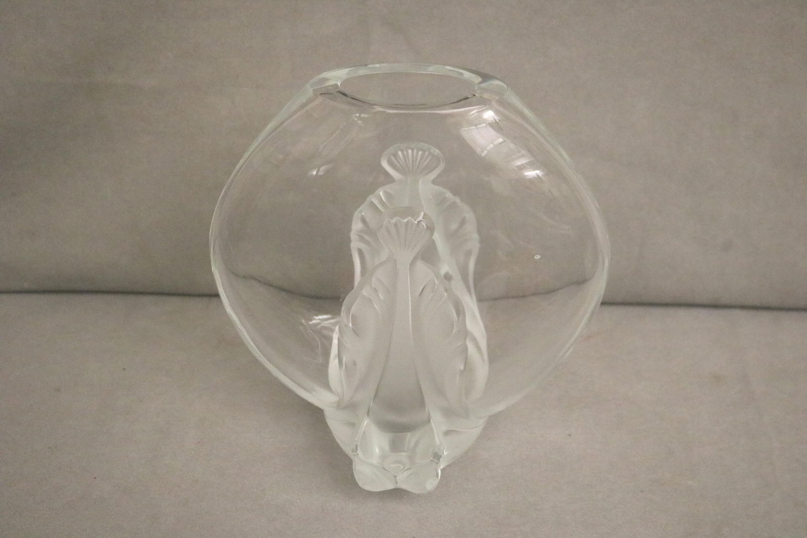 SIGNED LALIQUE "GARANCE" FROSTED AND CLEAR COLORLESS CRYSTAL SCULPTURAL VASE - Height: 9 1/4".. (1 of 4)