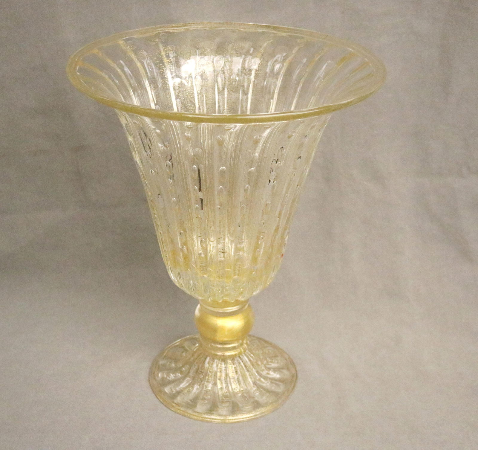 VENETIAN MURANO GOLD-FLECKED COLORLESS BLOWN GLASS FLARING PEDESTAL-BASE VASE. - Height: 16". D: 12 (1 of 5)