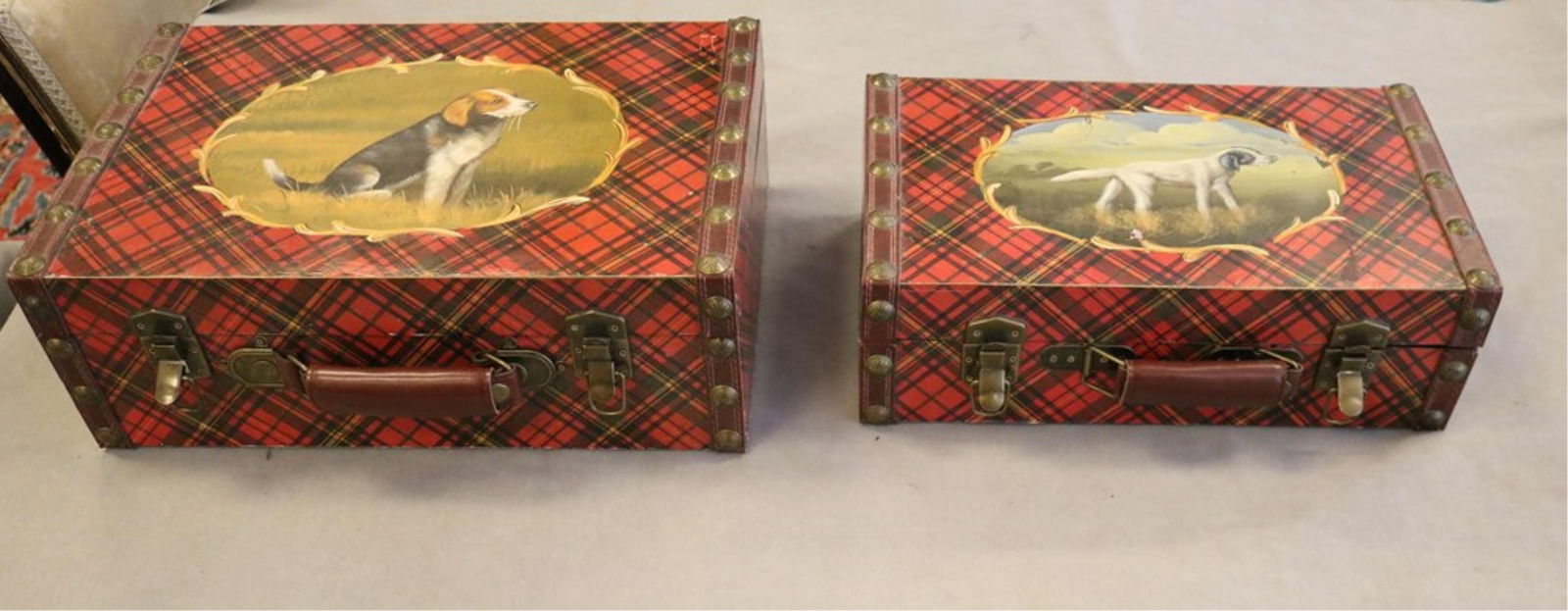 TWO GRADUATED TARTAN-PRINTED WOODEN SUITCASE-FORM BOXES WITH HAND-PAINTED RESERVES DEPICTING DOGS - (1 of 8)