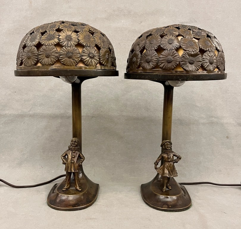 PAIR CHOCOLATE BROWN PATINATED BRONZE FIGURAL TABLE LAMPS WITH DOMED FLORAL SHADES. early 20th (1 of 8)