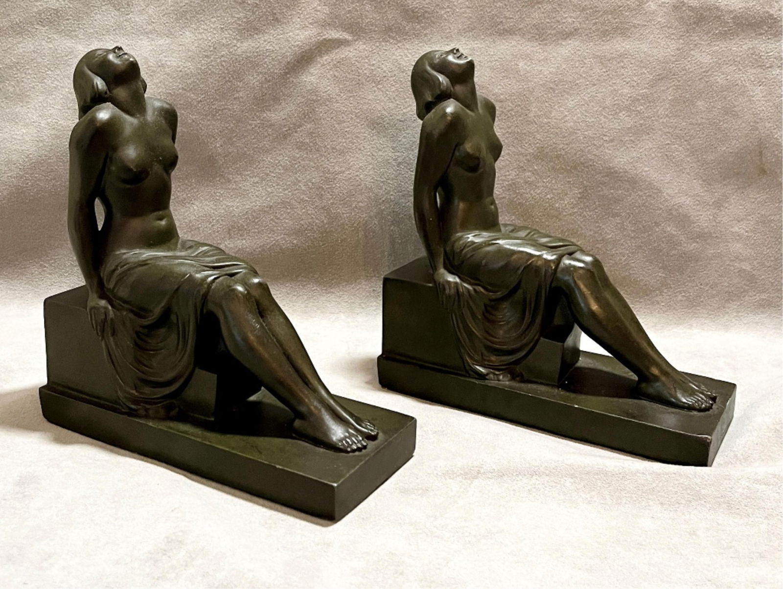 PAIR FRENCH ART DECO "INSOUCIANCE" BRONZED FIGURAL BOOKENDS Signed "Janle" for Jean Lemoine Max (1 of 14)