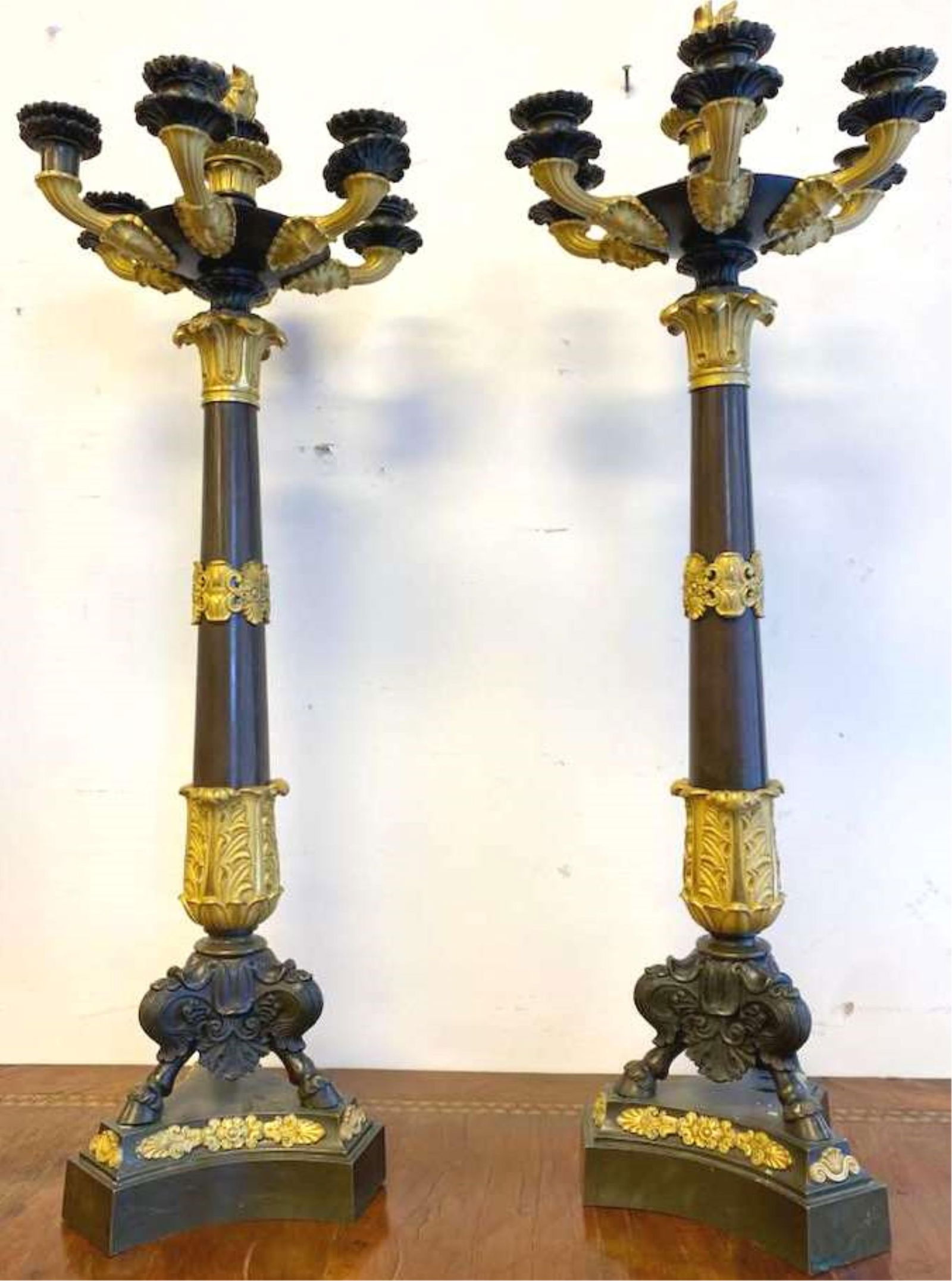 PAIR FRENCH EMPIRE BRONZE AND ORMOLU SEVEN-LIGHT CANDELABRAS 19th century - H: 31 1/2 in.. (1 of 2)