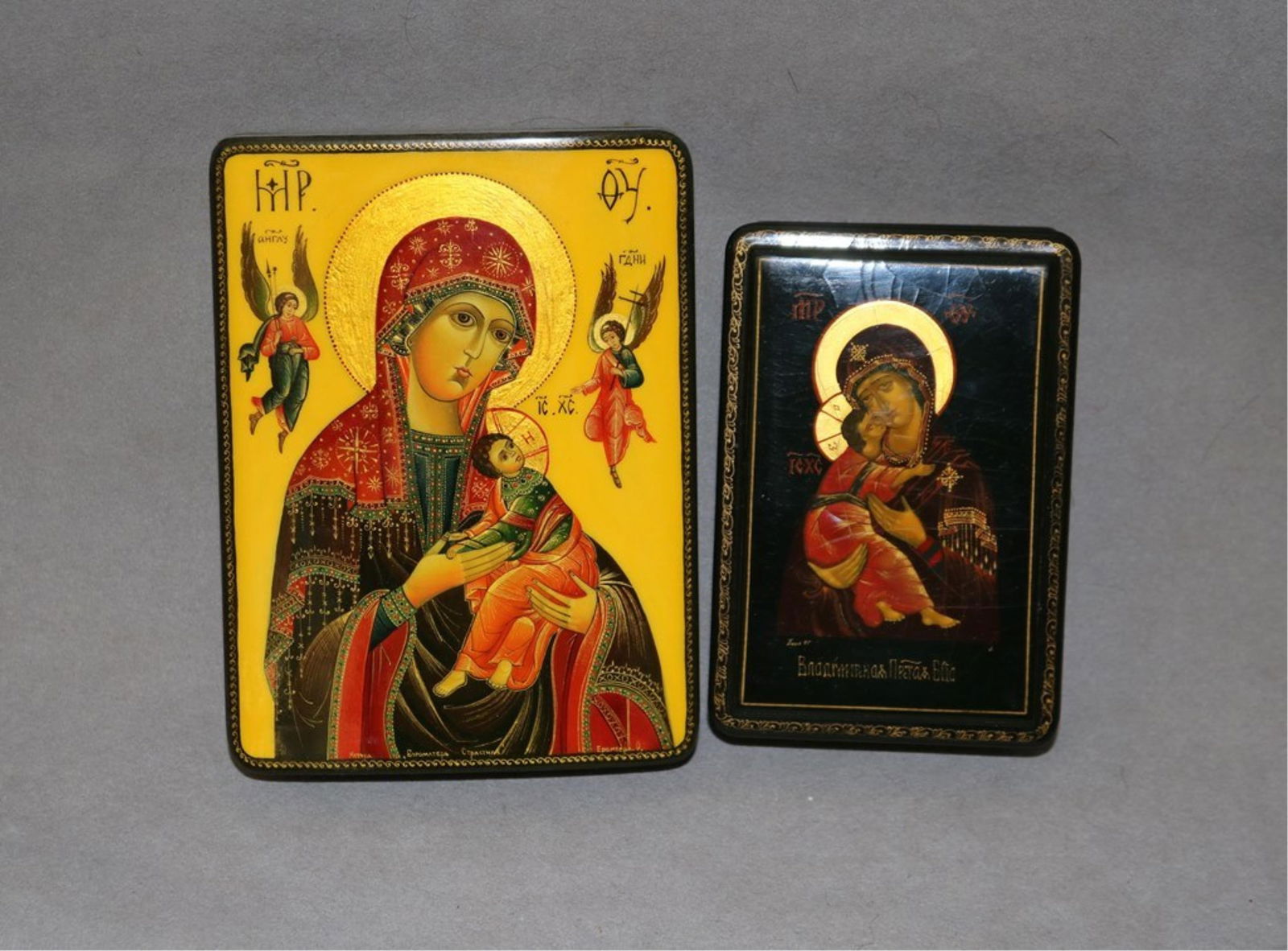 TWO RUSSIAN BLACK HAND-PAINTED, BLACK LACQUERED RECTANGULAR BOXES WITH ICON DECORATION (1 of 5)