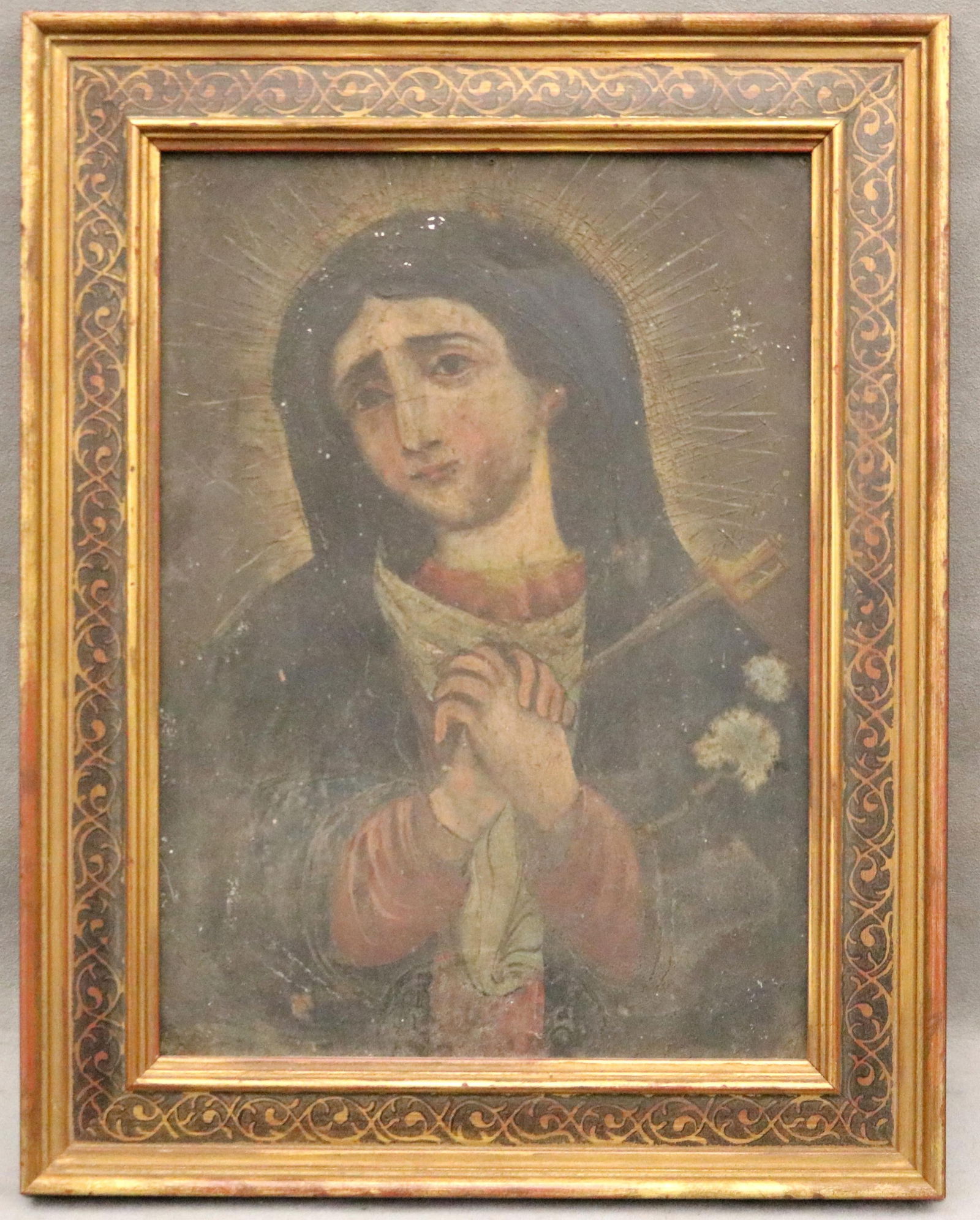 18TH-19TH CENTURY ARTIST UNKNOWN , . VIRGIN MARY AS OUR LADY OF SORROWS, Oil on metal panel, 13 1/2 (1 of 12)