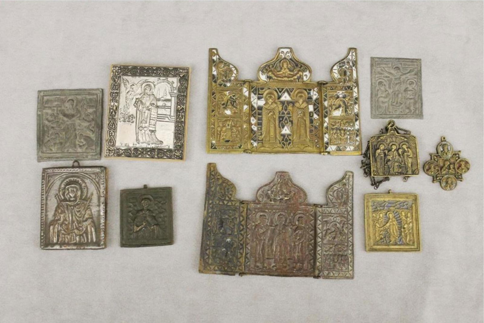 TEN ASSORTED RUSSIAN RELIEF-CAST TRAVELING AND PENDANT ICONS - Largest, 4 1/8 in. x 5 3/4 in.. (1 of 4)