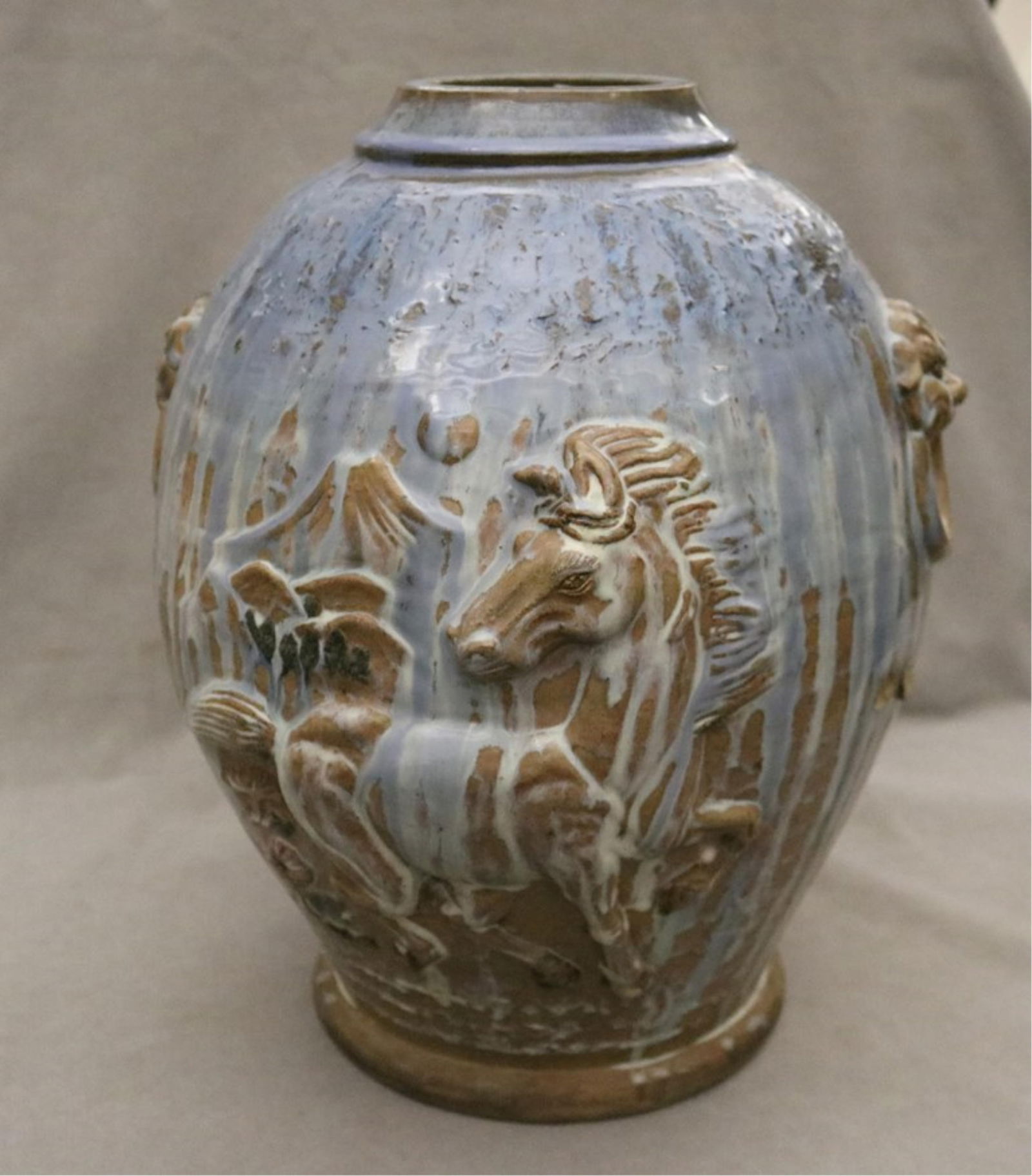 CHINESE BLUE DRIP-GLAZE POTTERY OVOID JAR - H: 16 3/4 in.. (1 of 8)