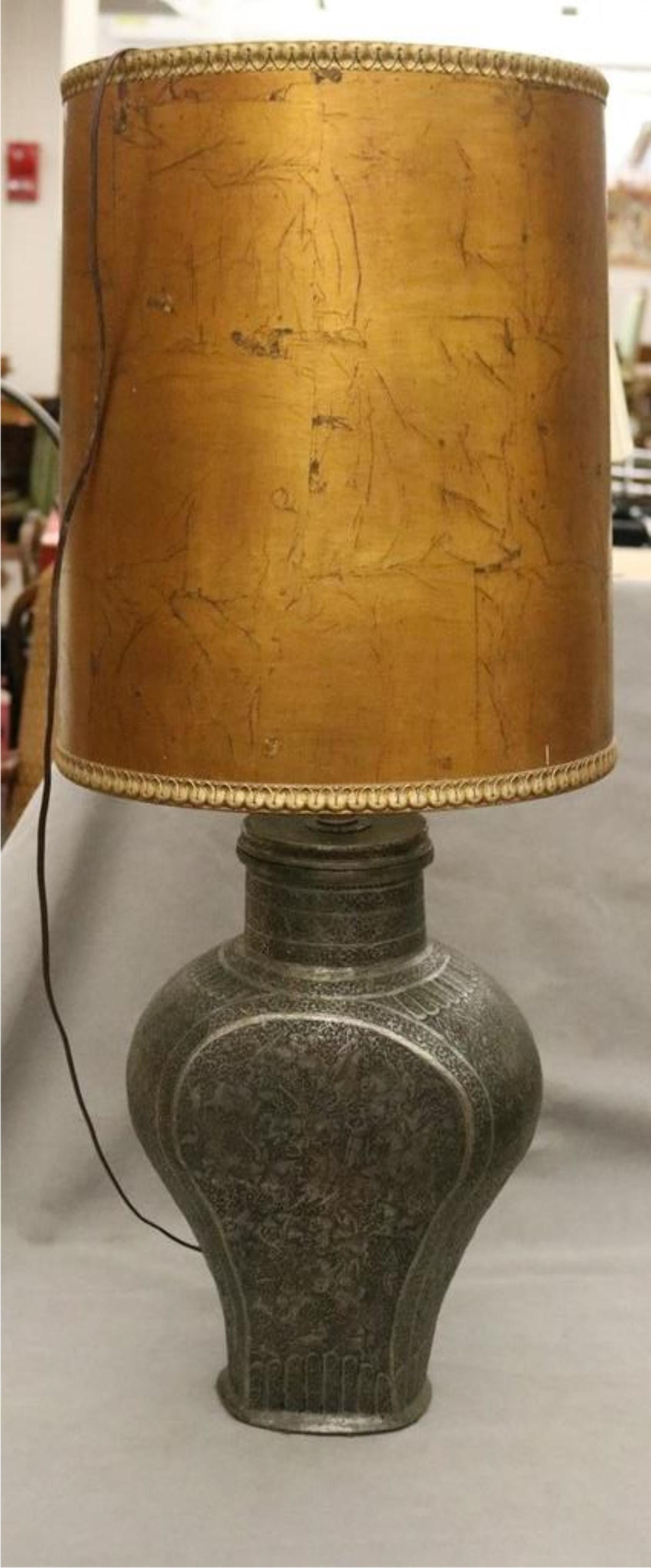 SILVERED COPPER SHAPED VESSEL MOUNTED AS TABLE LAMP - H: 39 1/2 in, overall with shade.. (1 of 11)
