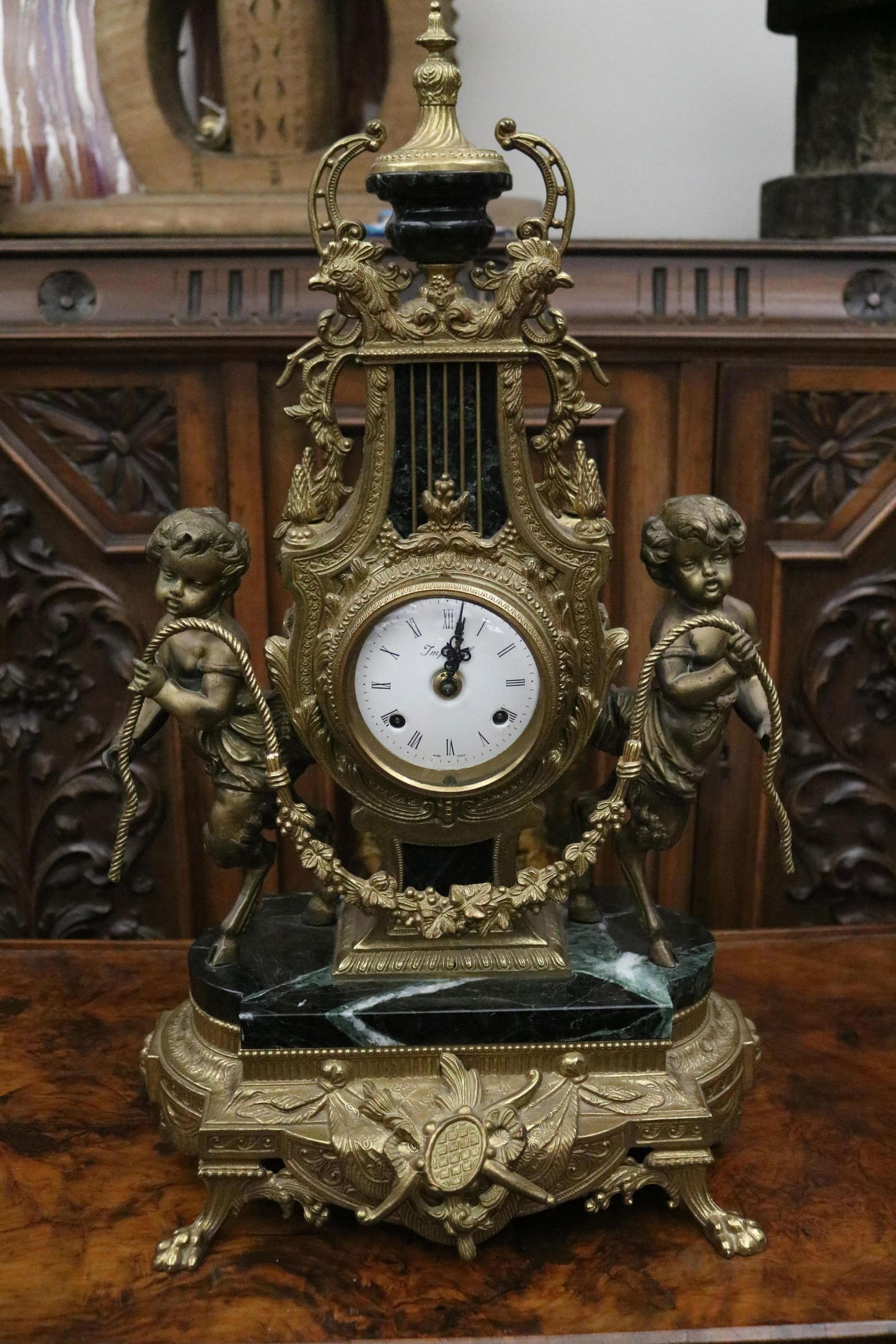 ITALIAN LOUIS XVI STYLE GILT BRASS AND MARBLE LYRE-FORM MANTEL CLOCK - H: 24 1/2 in.. (1 of 20)