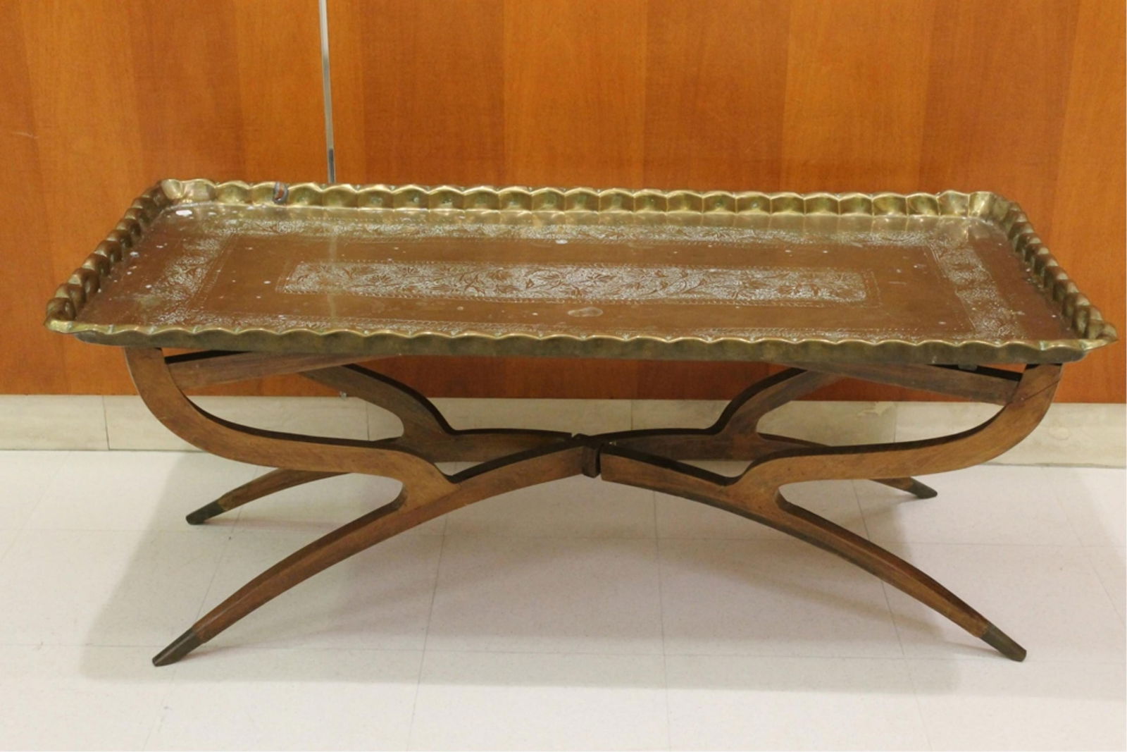 MID-EASTERN BRASS TRAY-TOP RECTANGULAR COFFEE TABLE mid 20th century - H: 19 1/2". Tray, 47 3/8" x (1 of 5)