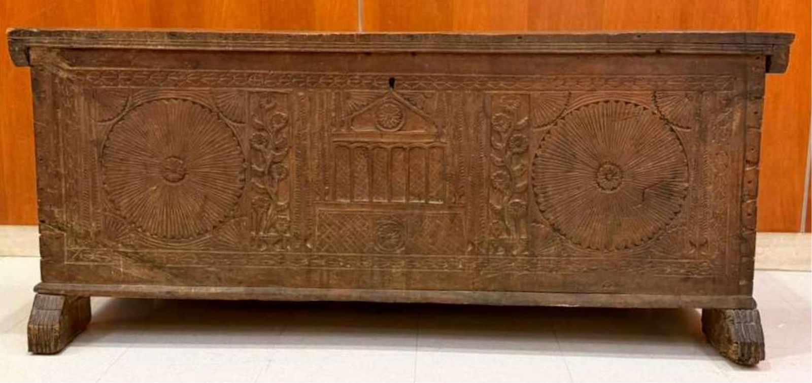 ANTIQUE CARVED WOODEN CYPRIOT COFFER (SINDUKI) - Height: 18 inches (excluding feet); length: 43 (1 of 20)
