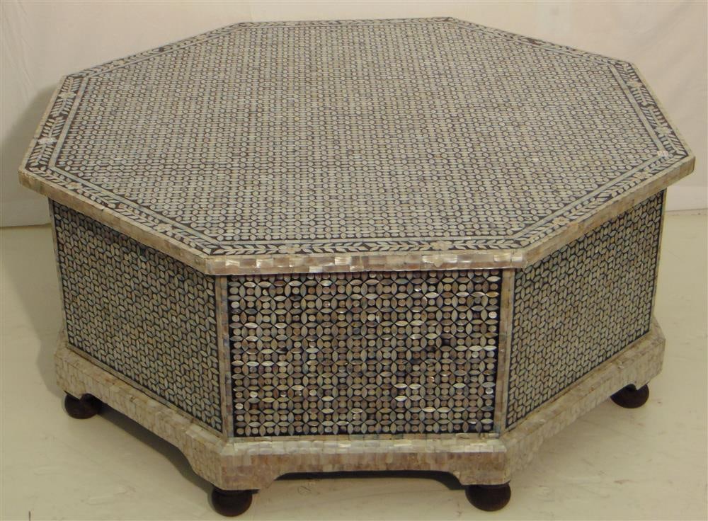 MOROCCAN MOTHER-OF-PEARL INLAID OCTAGONAL CENTER TABLE. Geometrically patterned inlaid top and side (1 of 12)
