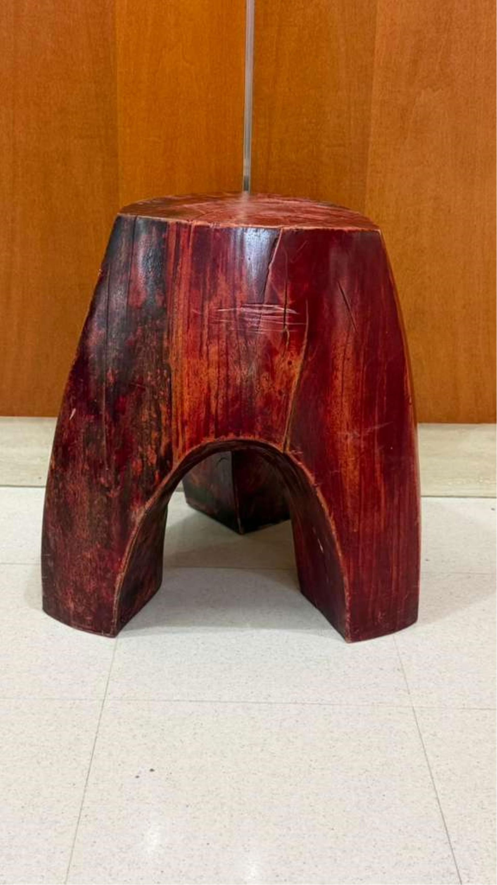 MODERN CARVED AND STAINED RED TRIANGULAR SIDE TABLE/STOOL - H: 17 1/2 in. W: app 14 in., each side. (1 of 4)