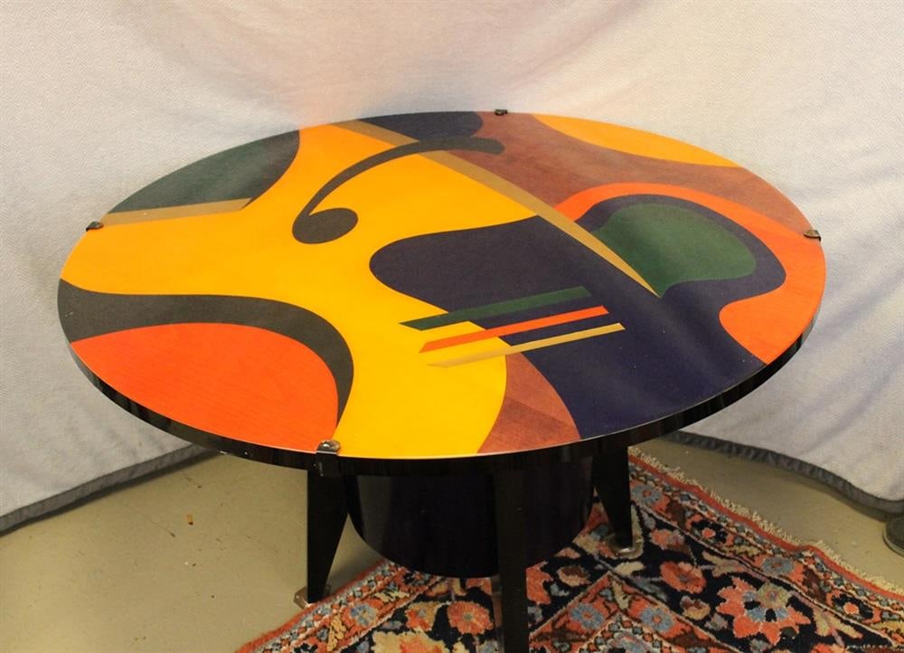 BENJAMIN LE MODERN CIRCULAR-TOP, PEDESTAL-BASE TABLE WITH GEOMETRIC PAINTED DECORATION. Top painted (1 of 17)