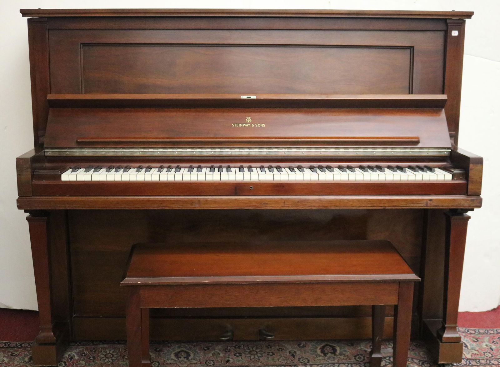 STEINWAY & SONS MAHOGANY UP-RIGHT PIANO WITH MATCHING BENCH MODEL V. SERIAL NUMBER 235922. 1933. D (1 of 12)