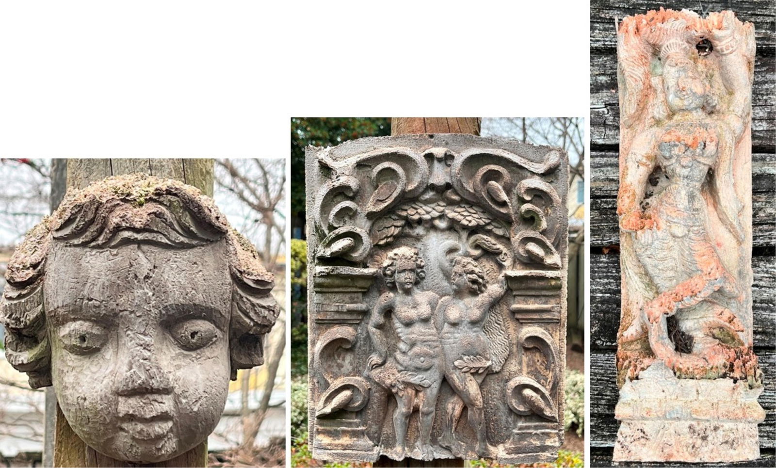 THREE WEATHERED GARDNE ORNAMENTS - Cherub, H: 5 3/4 in. Plaque, H: 11 in. Dancer, H: 15 in.. (1 of 17)