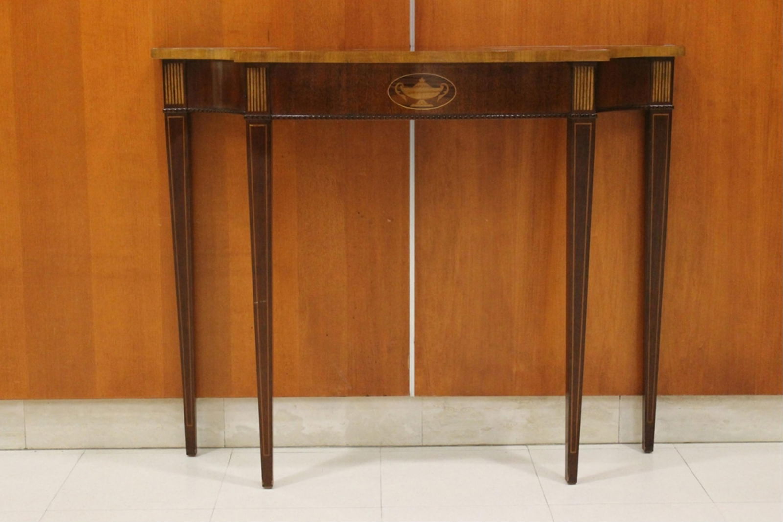 HEPPLEWHITE STYLE INLAID MAHOGANY HALL TABLE H: 32". W: 39 1/2". D: 11 3/8". (1 of 6)